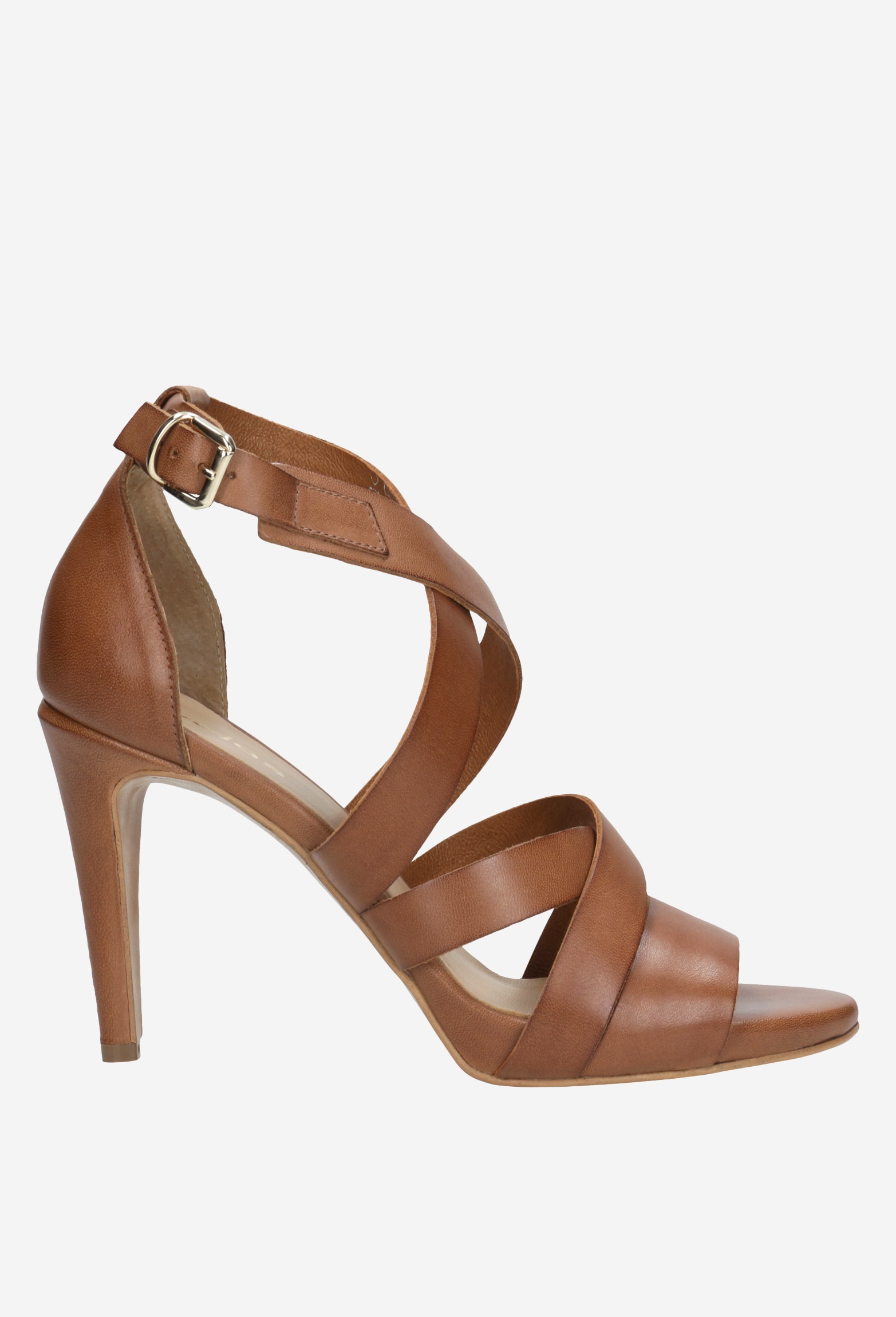 Oryginalne beżowe sandały na szpilce ze srebrnymi przetarciami