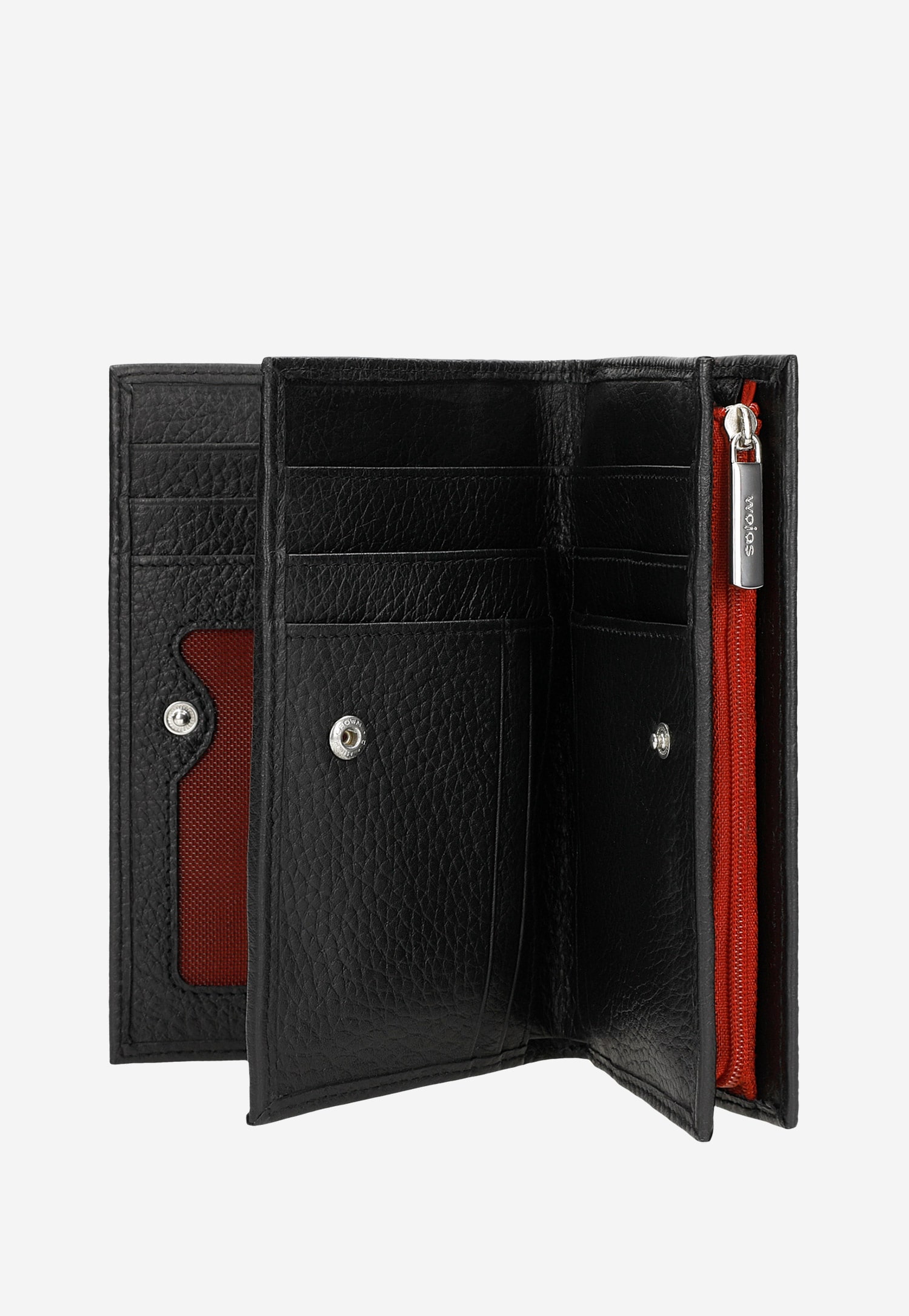 Czarny portfel damski z czerwonymi ozdobnymi kropkami