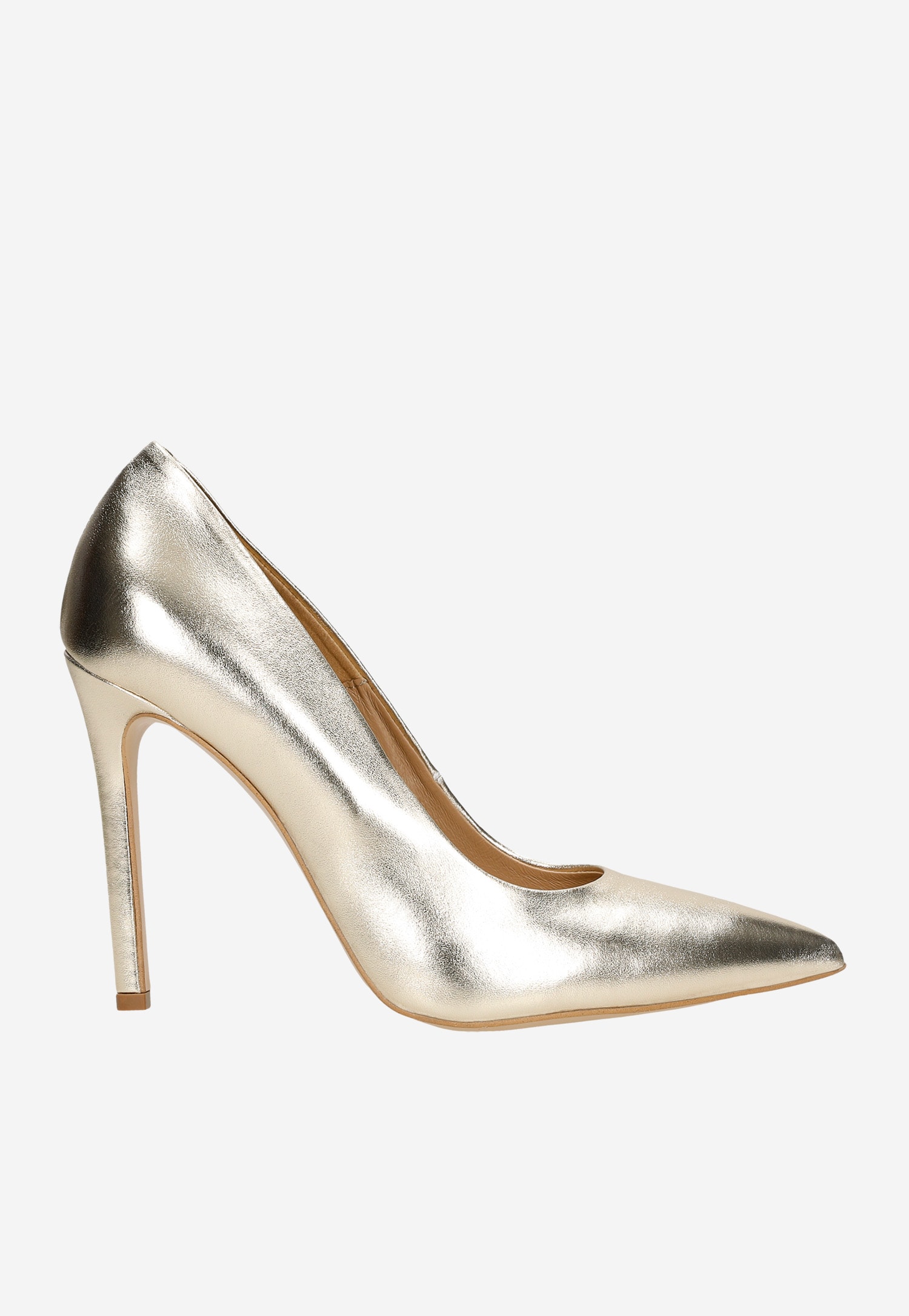 Złote skórzane szpilki na wysokim obcasie