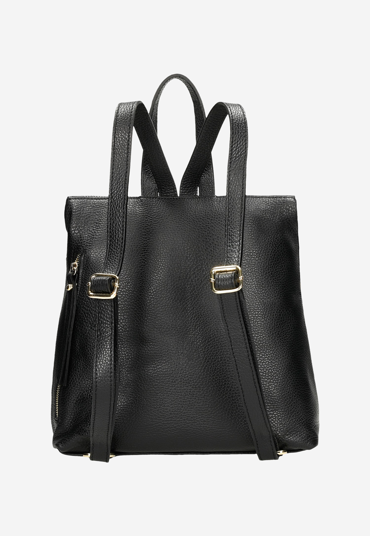 Czarny skórzany plecak damski ze złotymi, metalowymi elementami