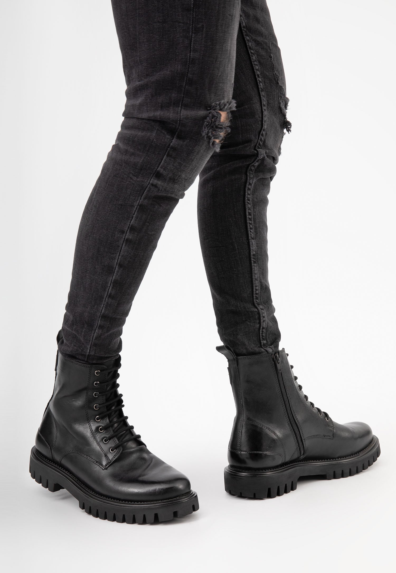 Czarne jesienne bikery męskie ze skóry licowej