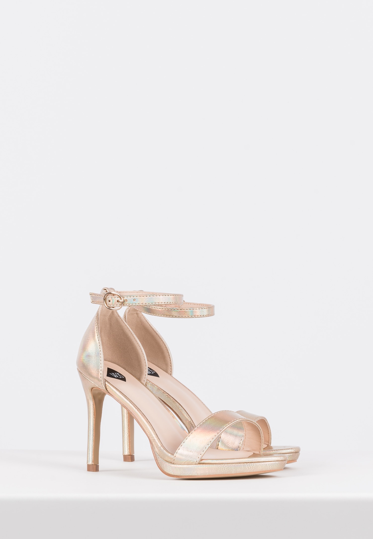 WJS srebrne holograficzne sandały damskie na słupku