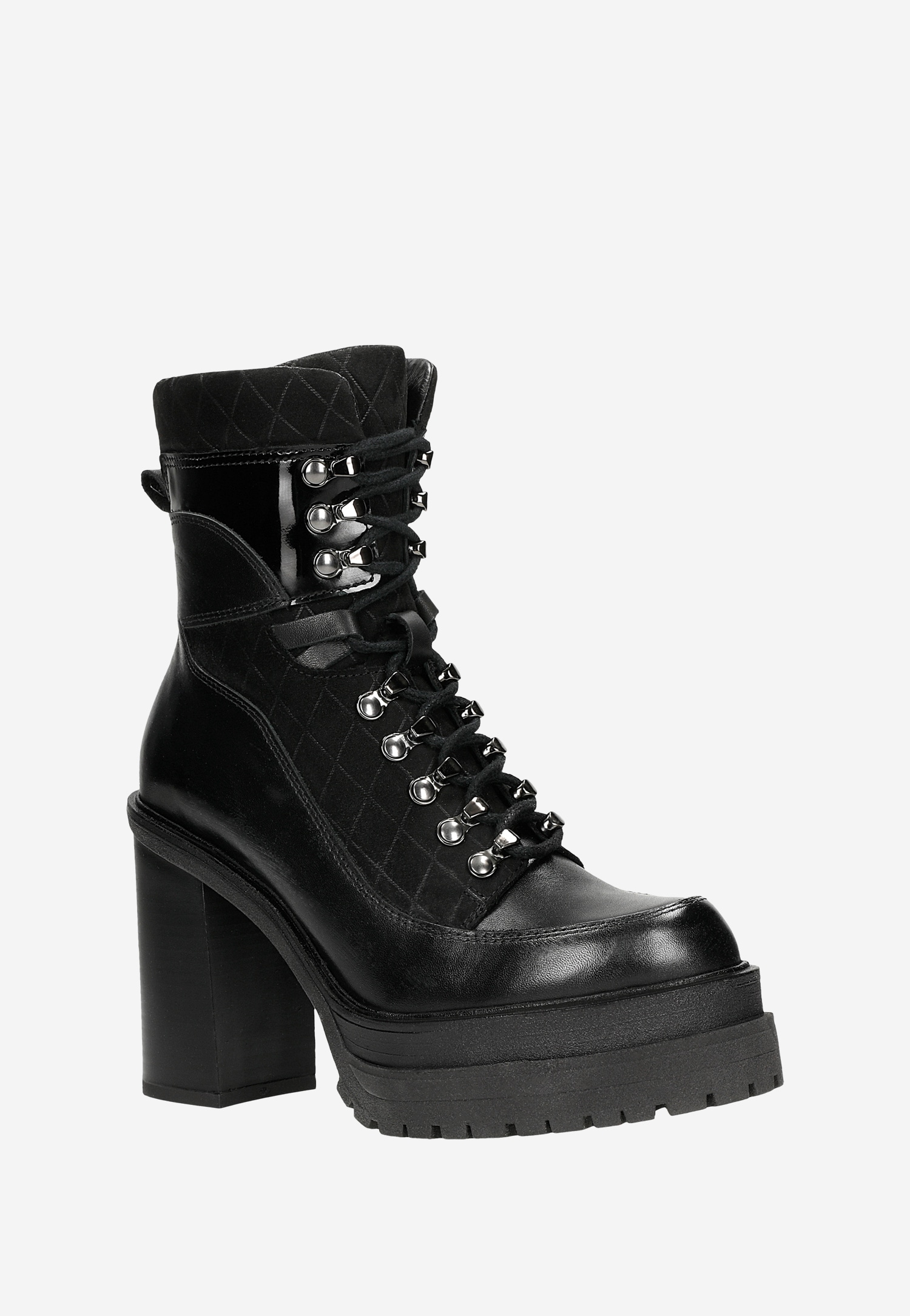 Czarne bikery z łączonych skór na obcasie