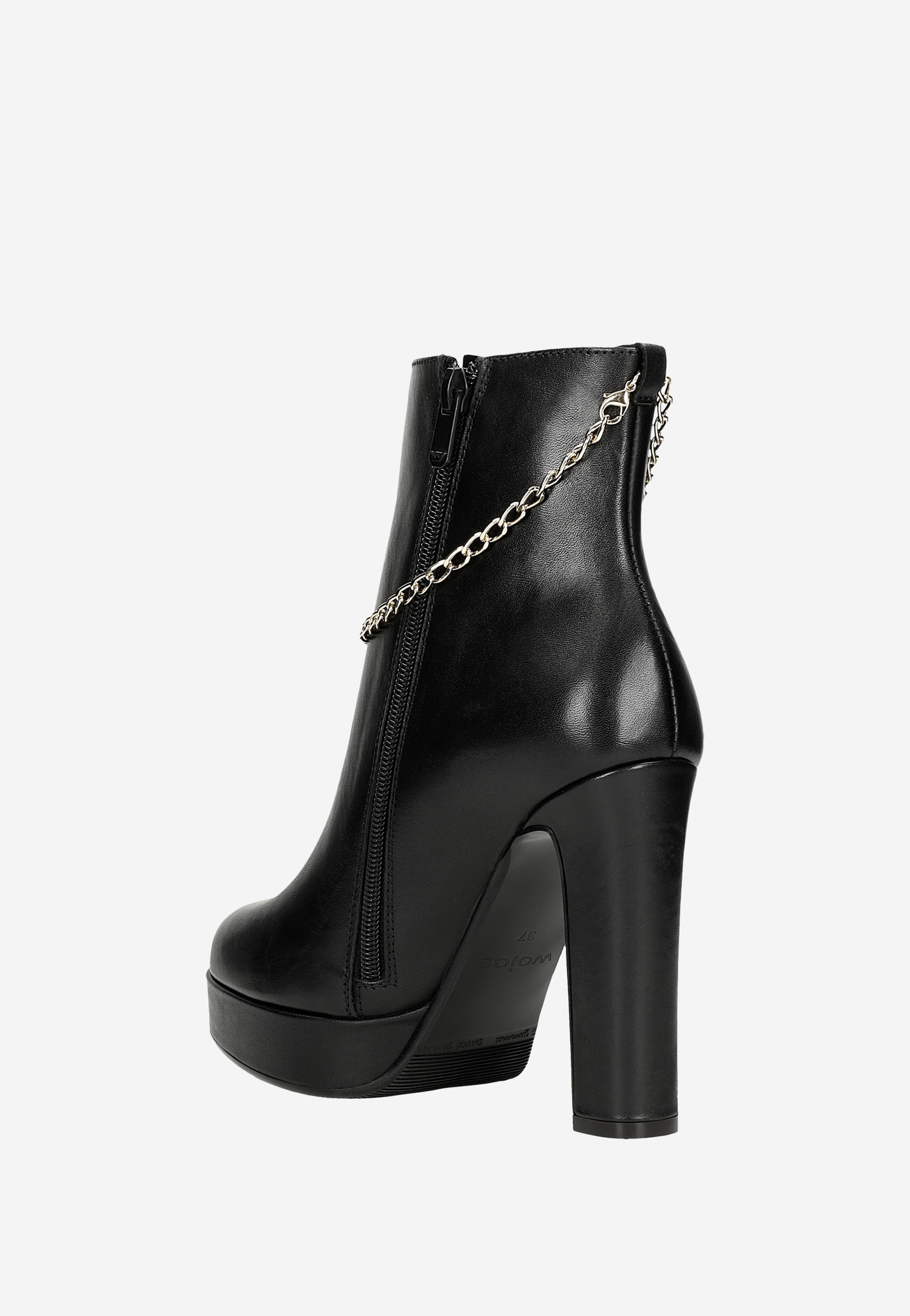 Czarne skórzane botki na wysokim słupku ze złotym łańcuchem