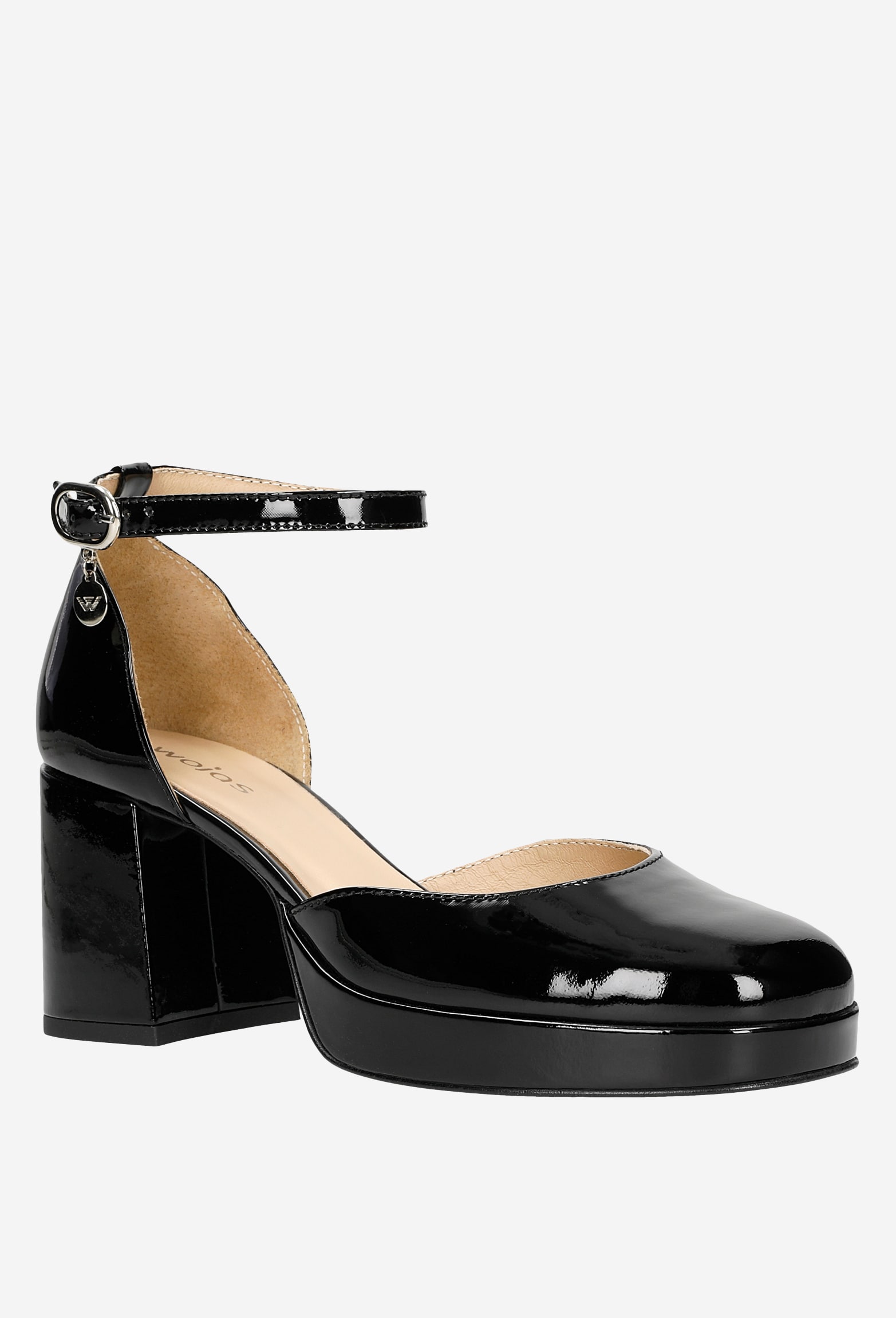 Lakierowane beżowe czółenka damskie na szerokim obcasie