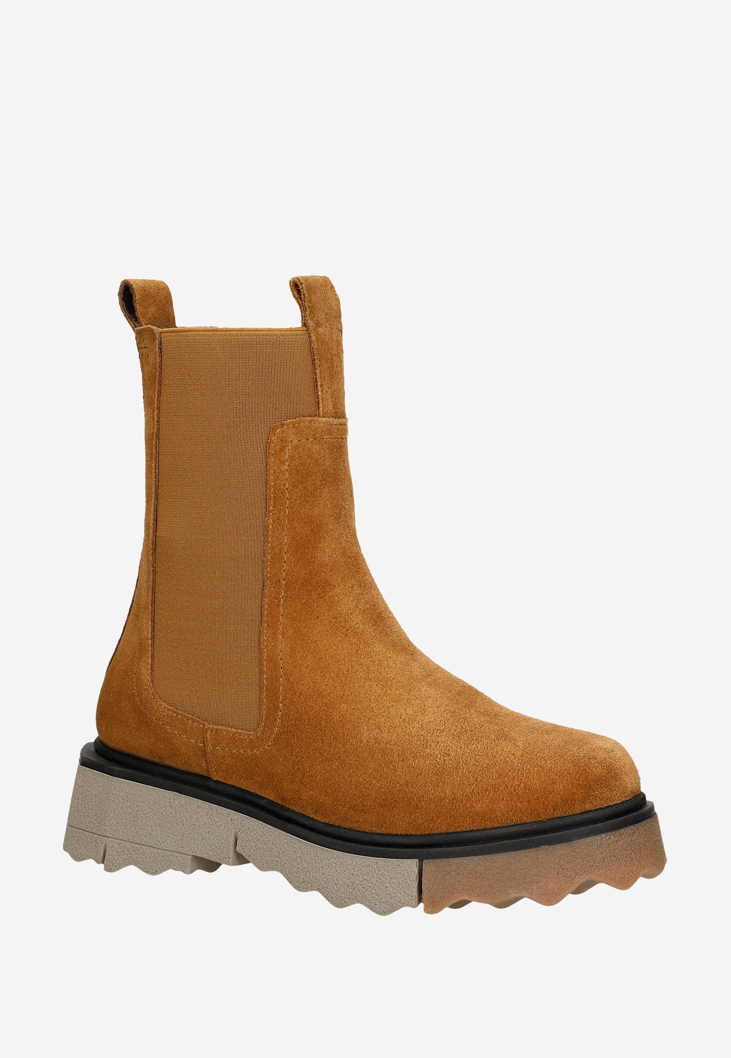 Jasnobrązowe designerskie sztyblety z ciekawą podeszwą