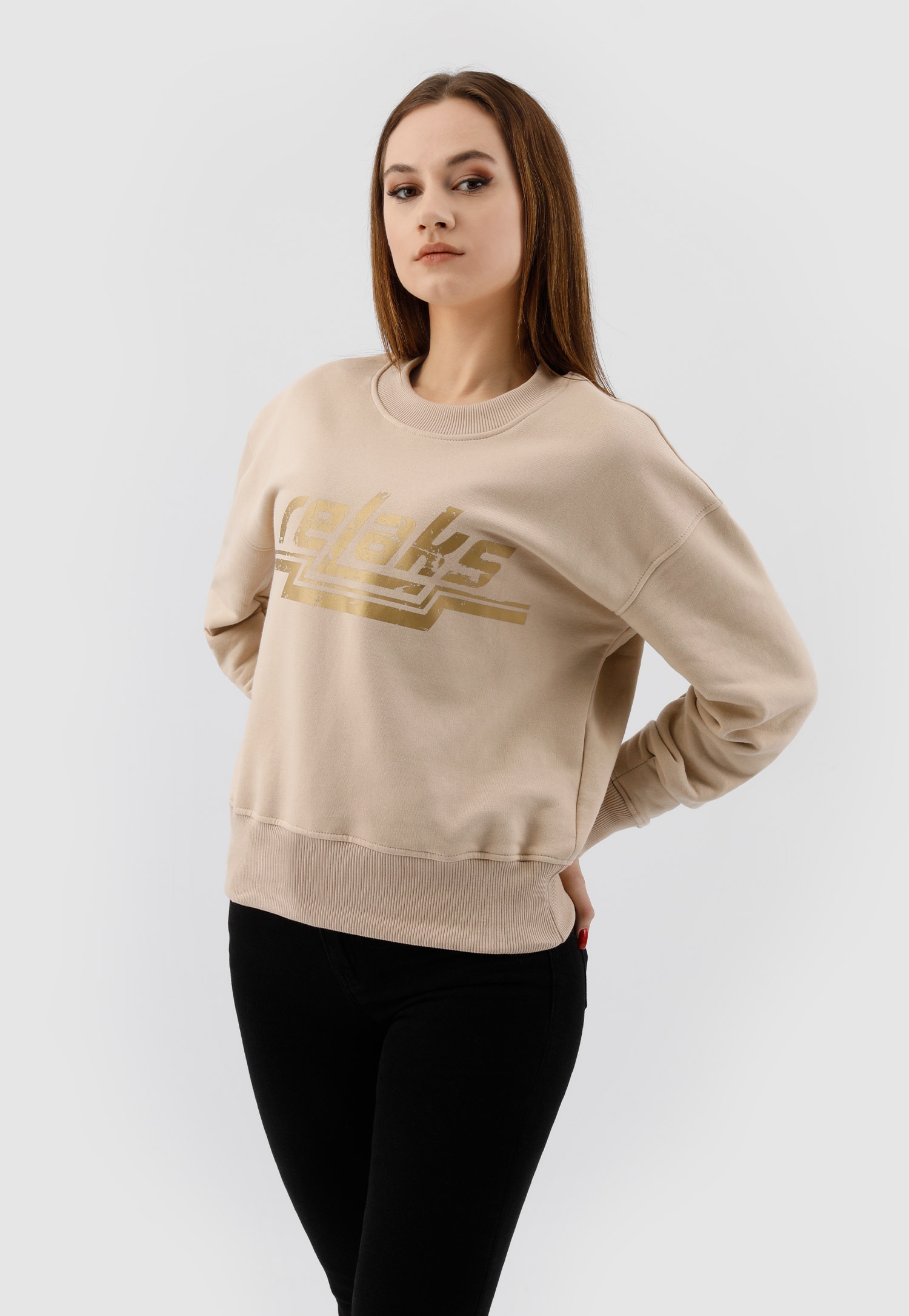 Beżowa bluza damska RELAKS z marszczeniami na rękawach