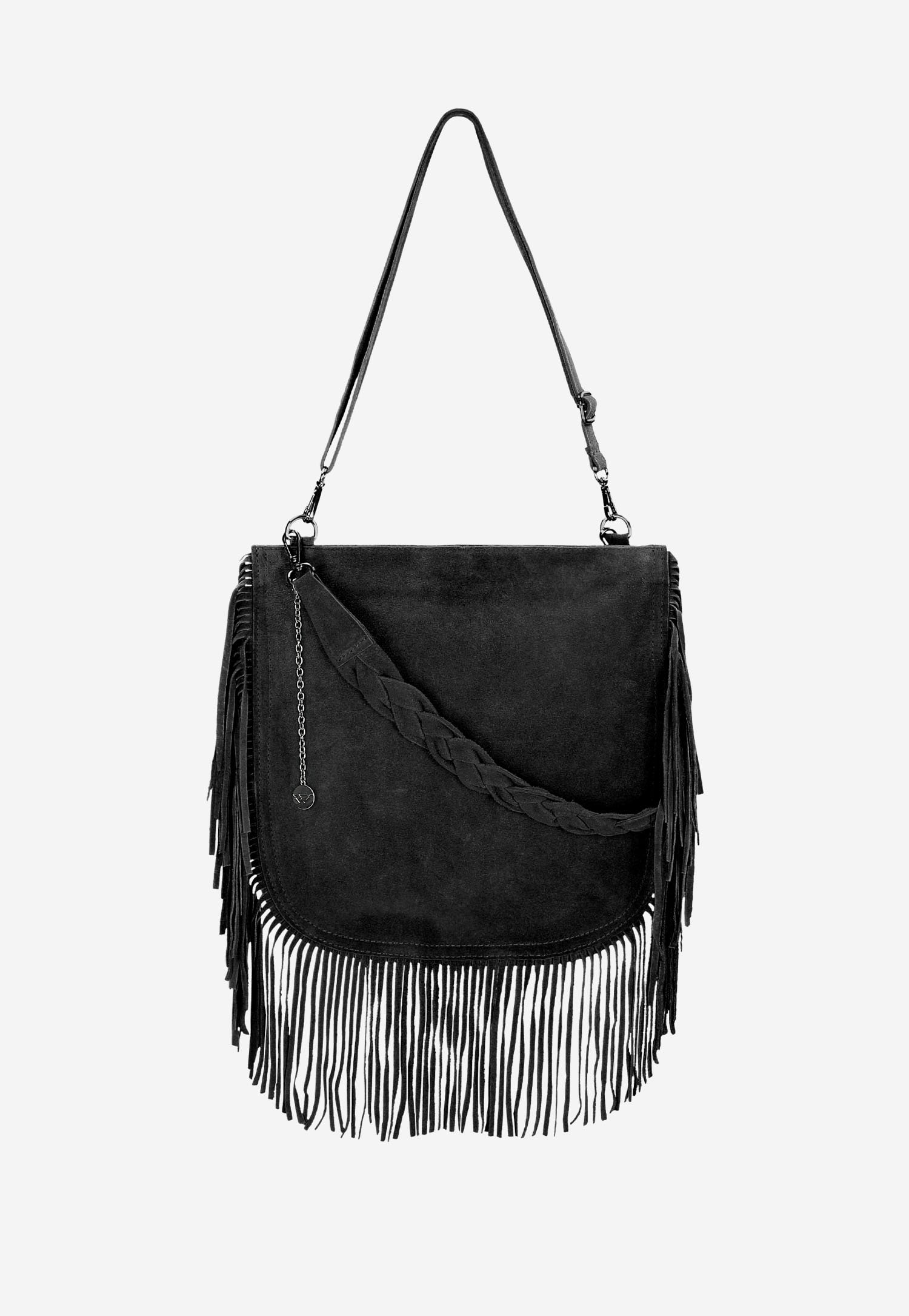 Czarna shopperka z ozdobnymi frędzlami