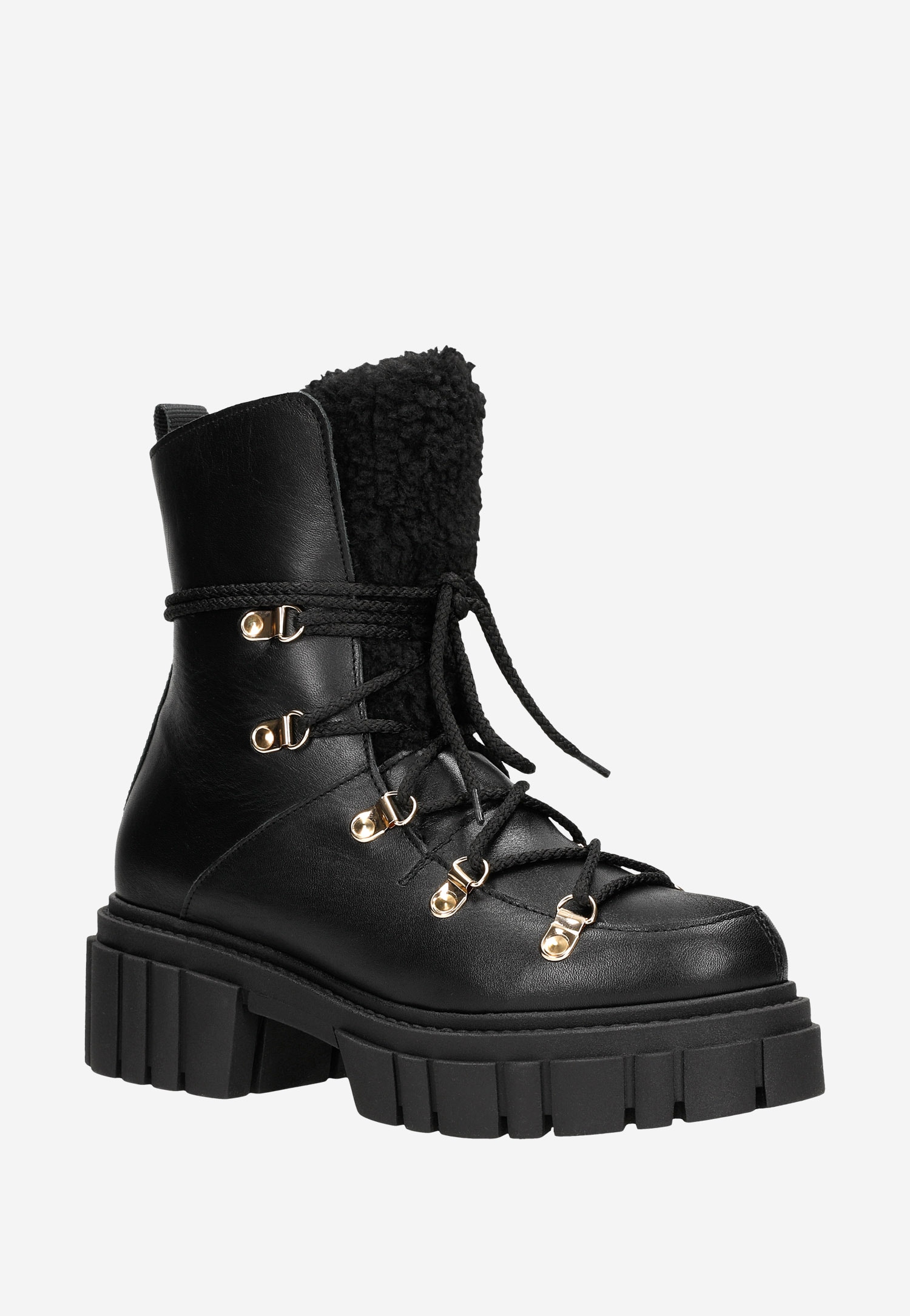 RELAKS beżowe trzewiki damskie z białym kożuszkiem i podeszwą trepową