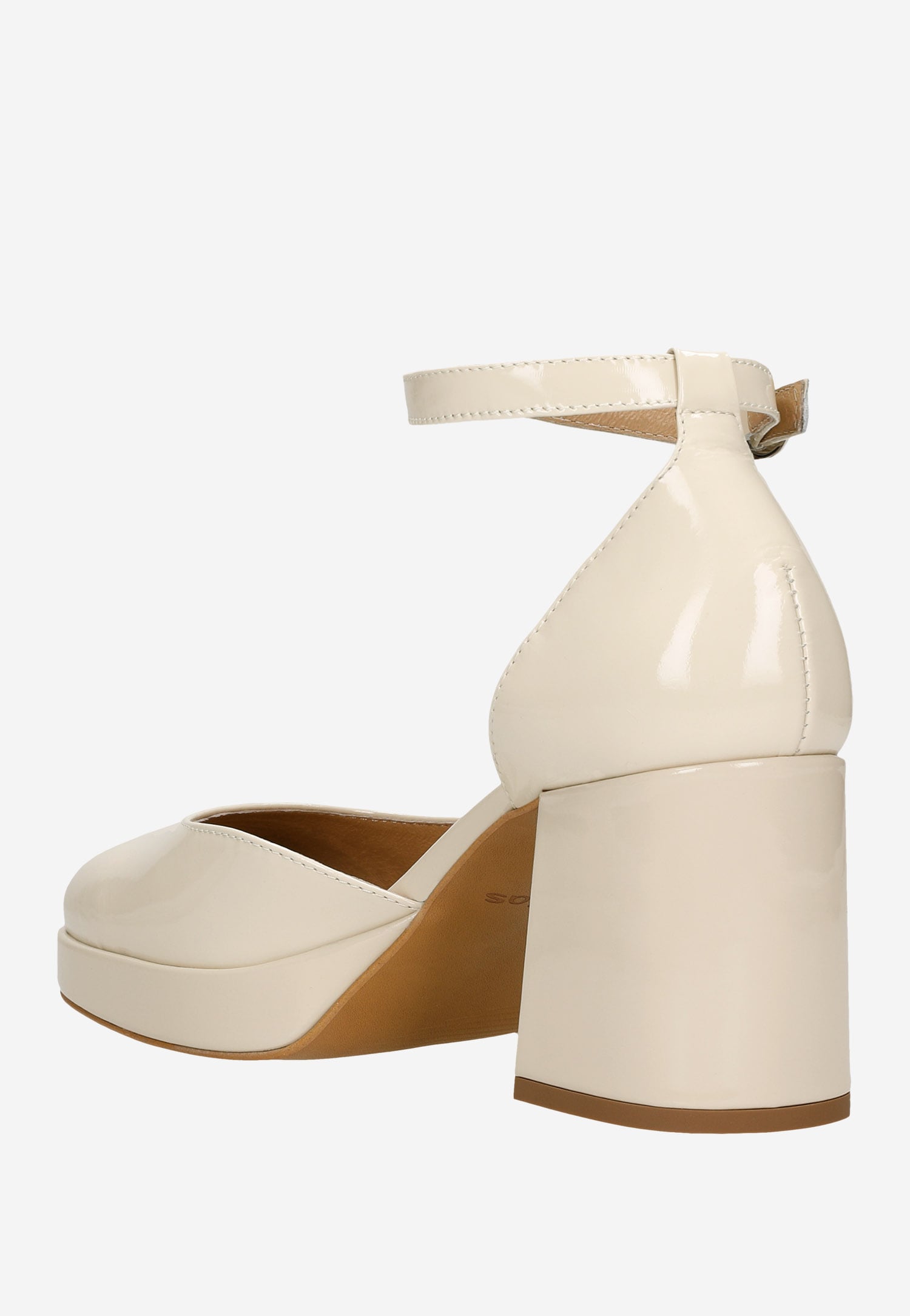 Lakierowane beżowe czółenka damskie na szerokim obcasie