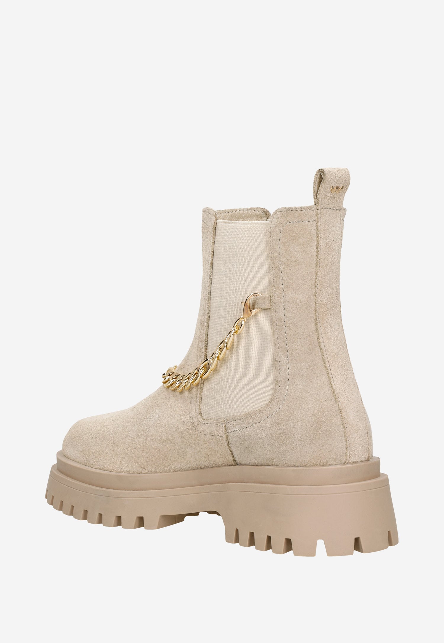 Beżowe botki damskie typu sztyblety ze złotym łańcuszkiem