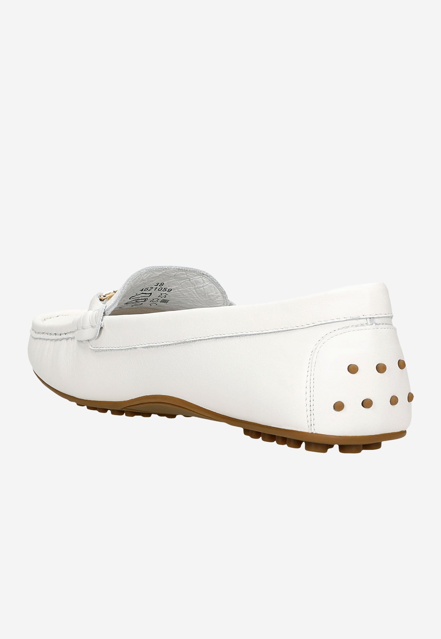 Białe skórzane mokasyny damskie ze złotą ozdobą