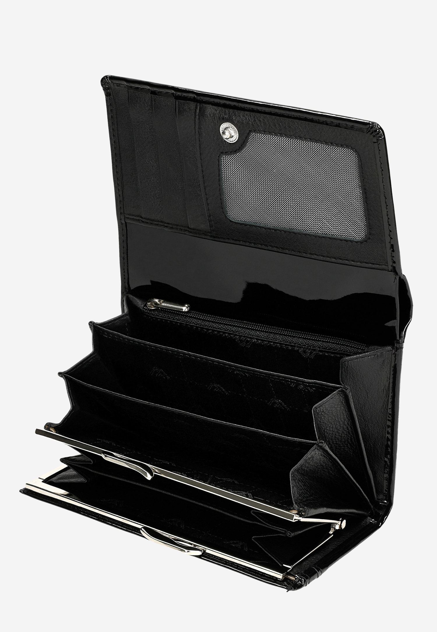 Czarny lakierowany portfel damski w średnim rozmiarze