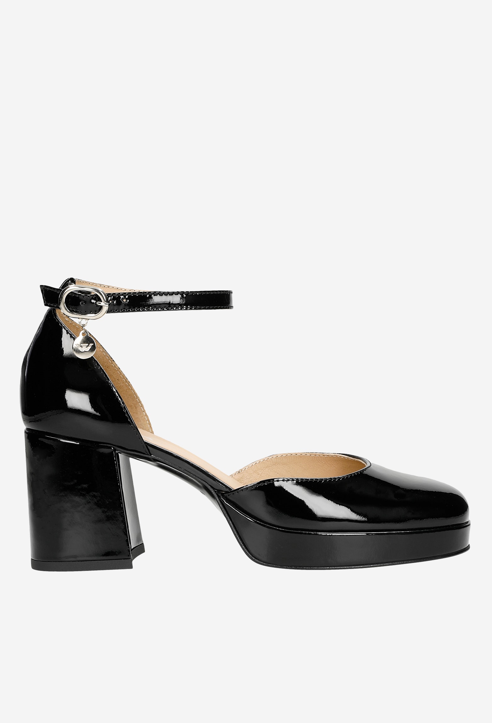 Lakierowane beżowe czółenka damskie na szerokim obcasie