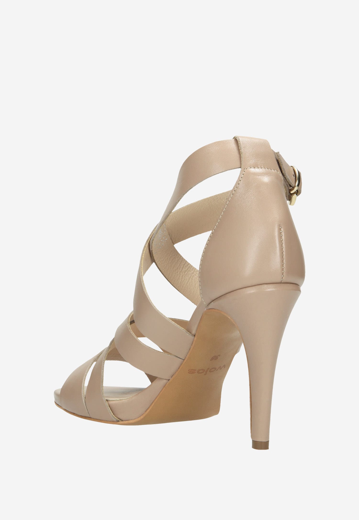 Oryginalne beżowe sandały na szpilce ze srebrnymi przetarciami