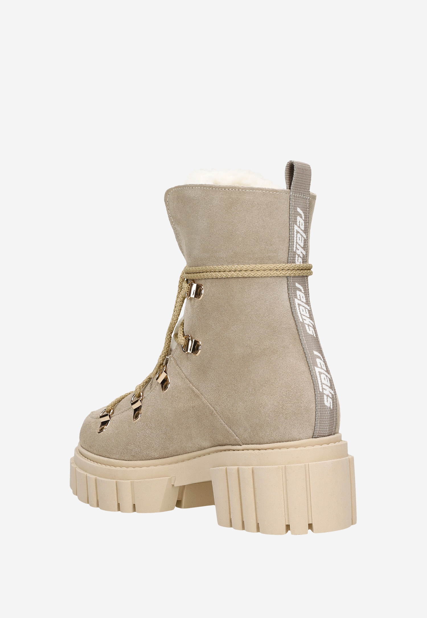 RELAKS beżowe trzewiki damskie z białym kożuszkiem i podeszwą trepową