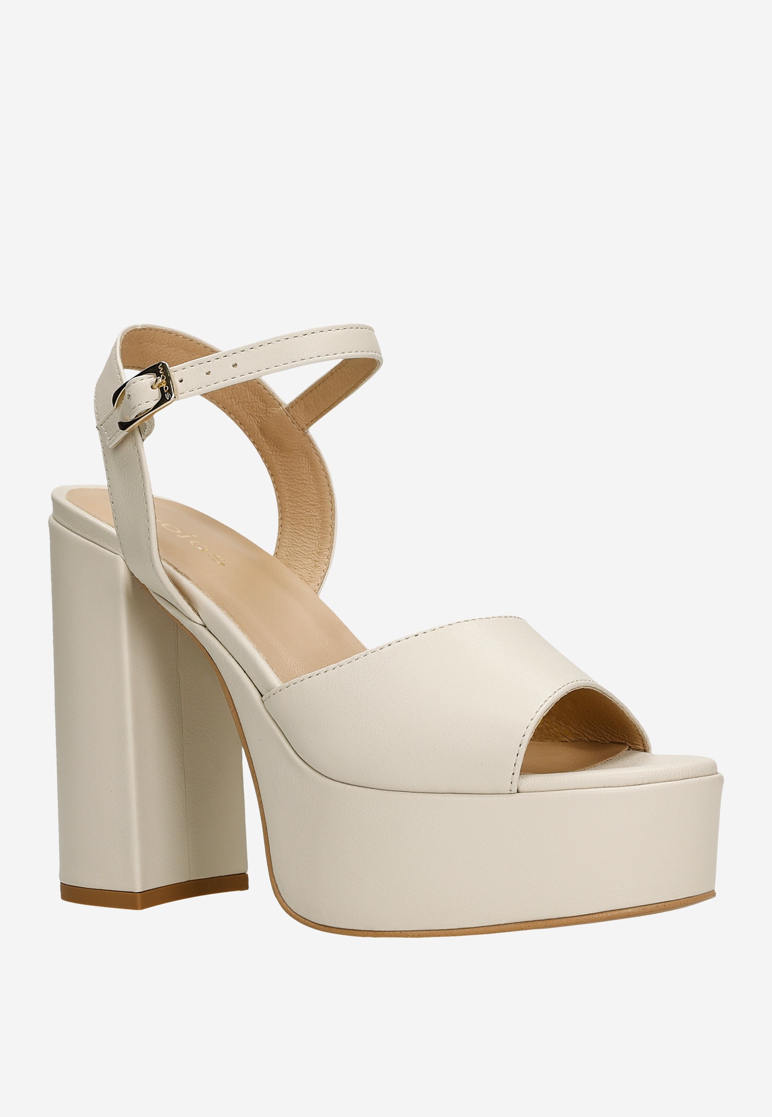 Beżowe skórzane sandały damskie na wysokim masywnym obcasie