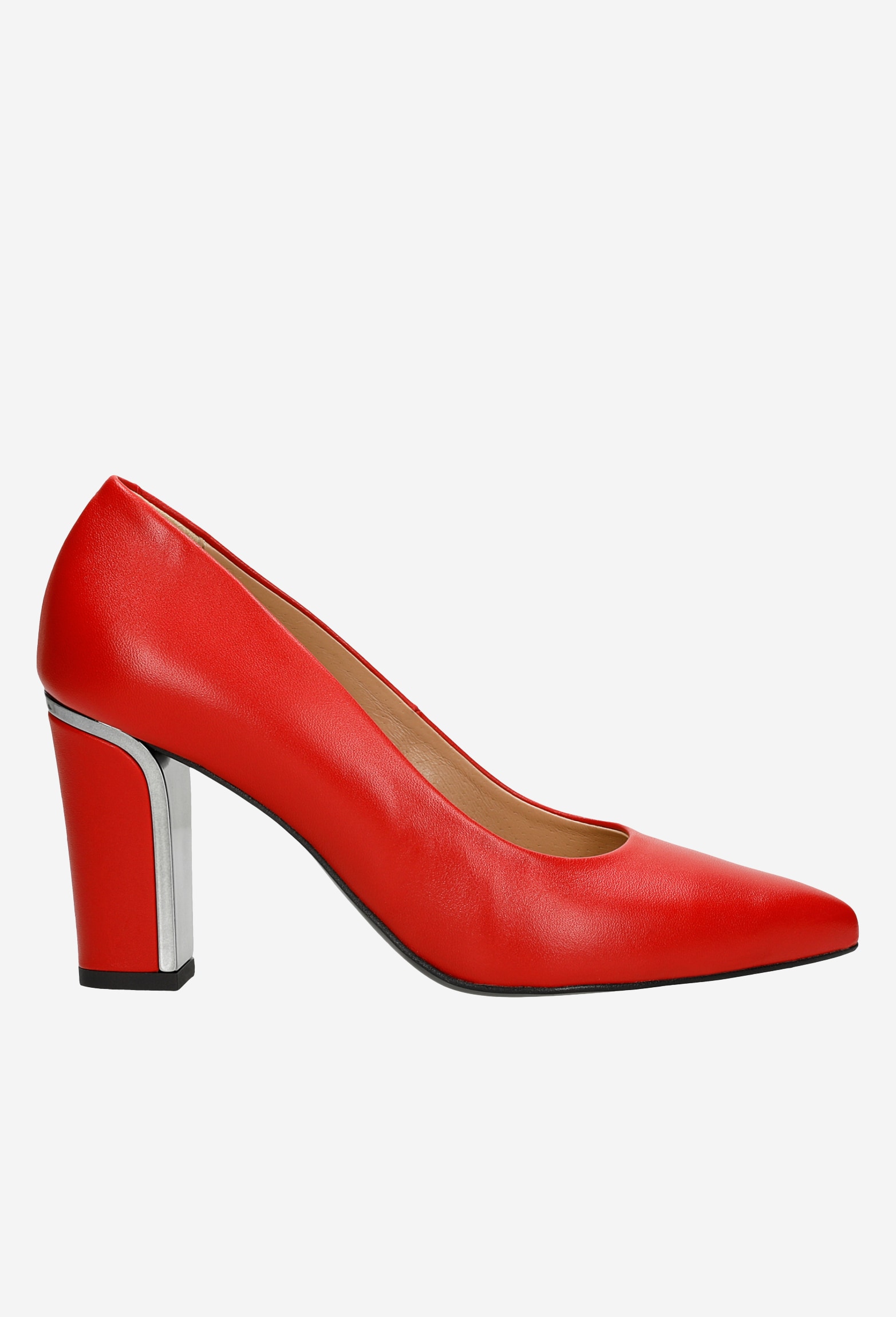 Czerwone czółenka damskie ze skóry licowej na ozdobnym obcasie