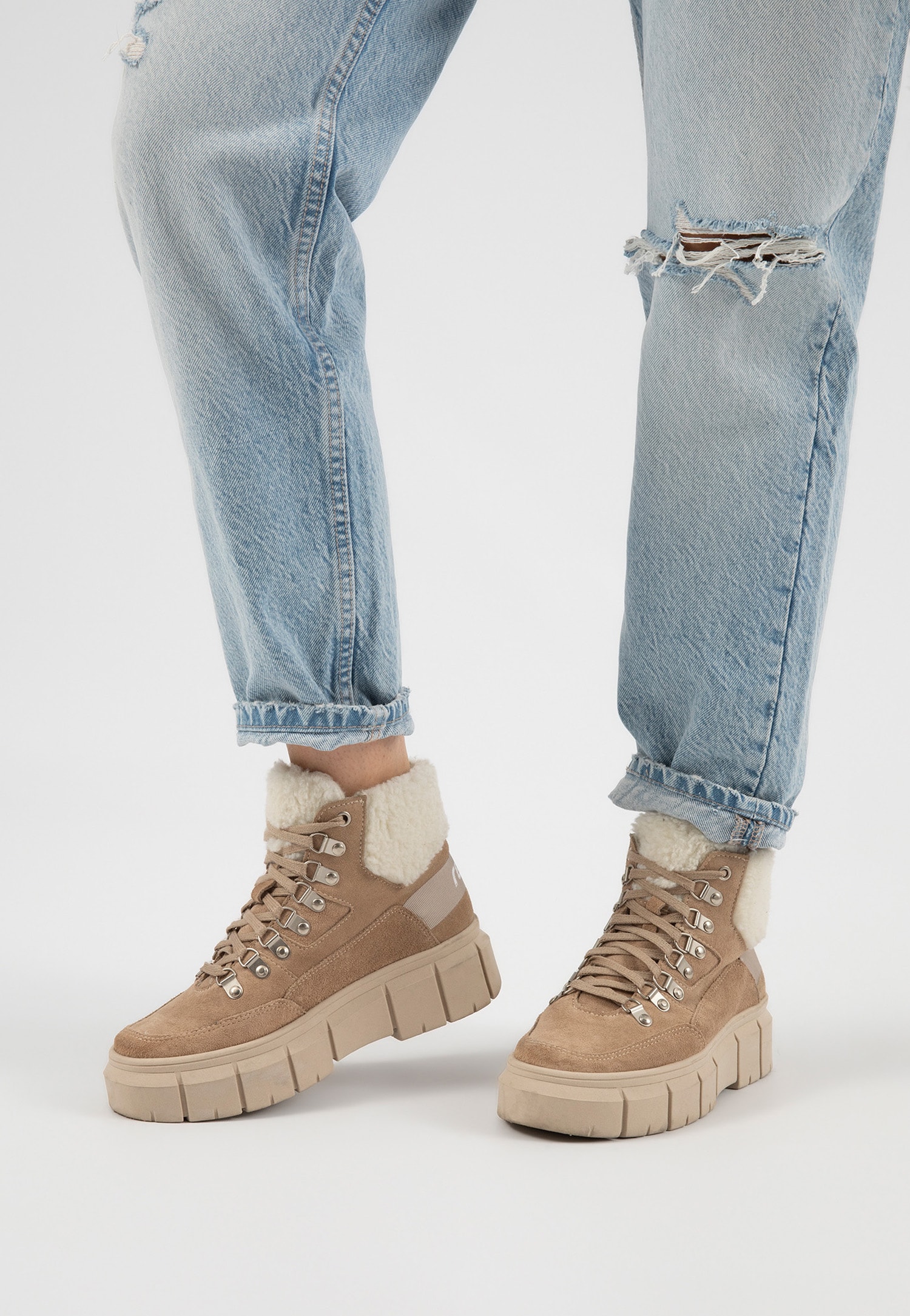 RELAKS ciepłe beżowe trzewiki damskie z białym kożuszkiem