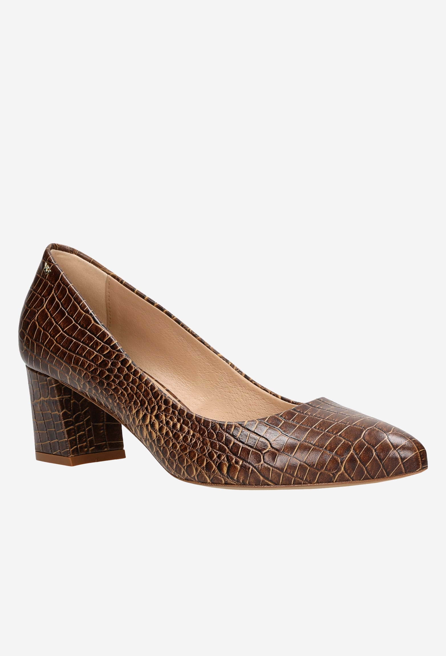 Beżowe lakierowane czółenka damskie na obcasie