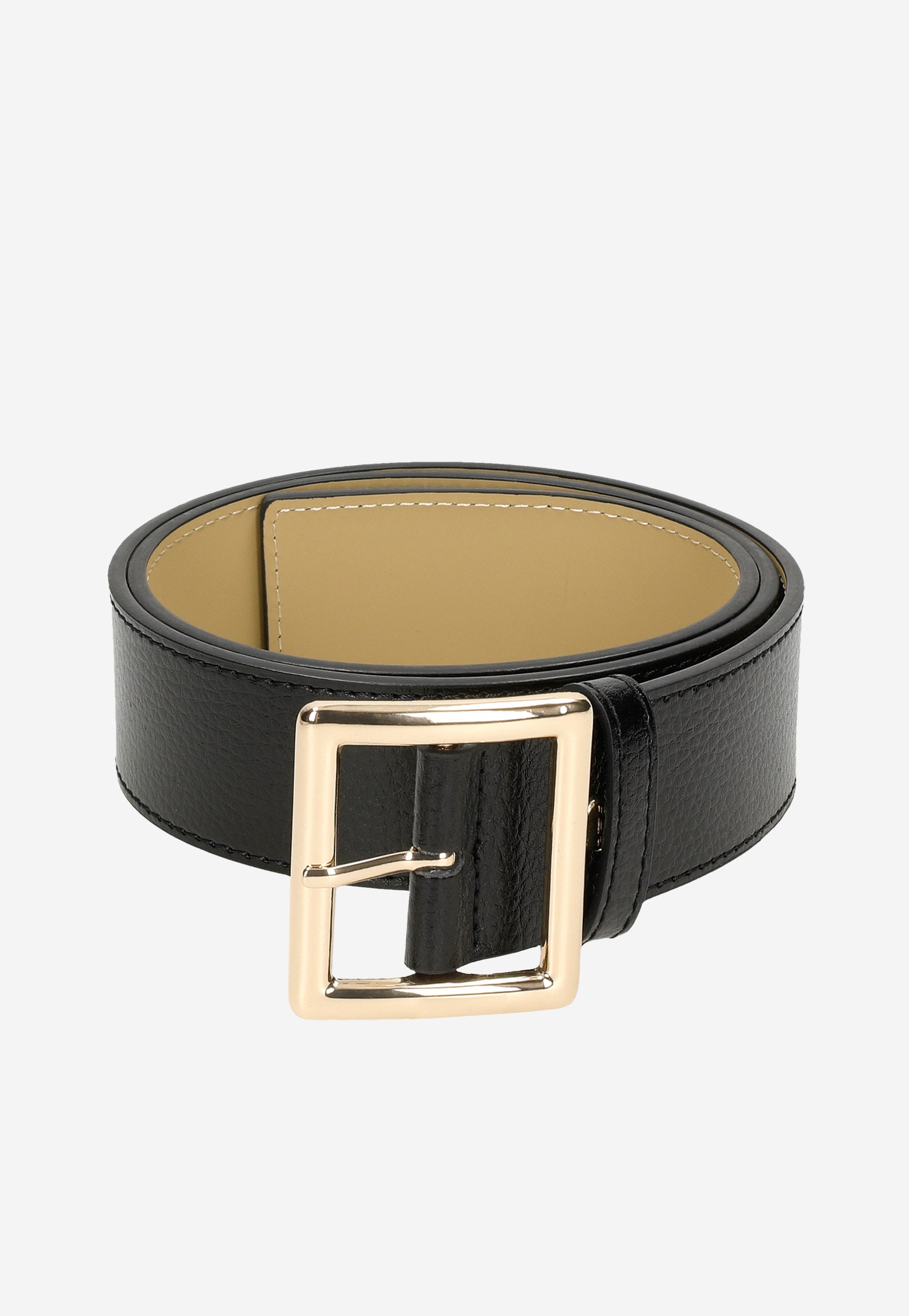 Czarny skórzany pasek damski ze złotą klamrą