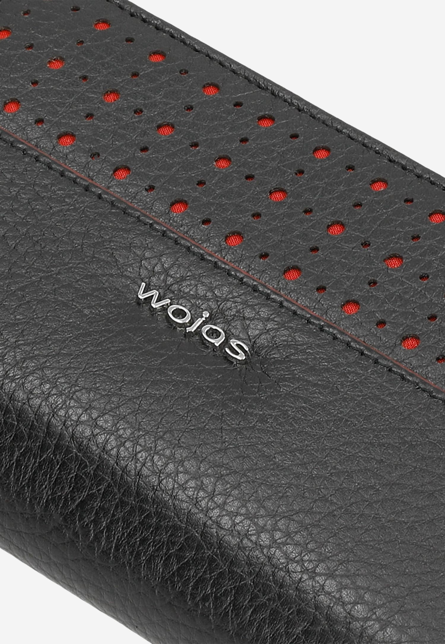 Czarny portfel damski z czerwonymi ozdobnymi kropkami