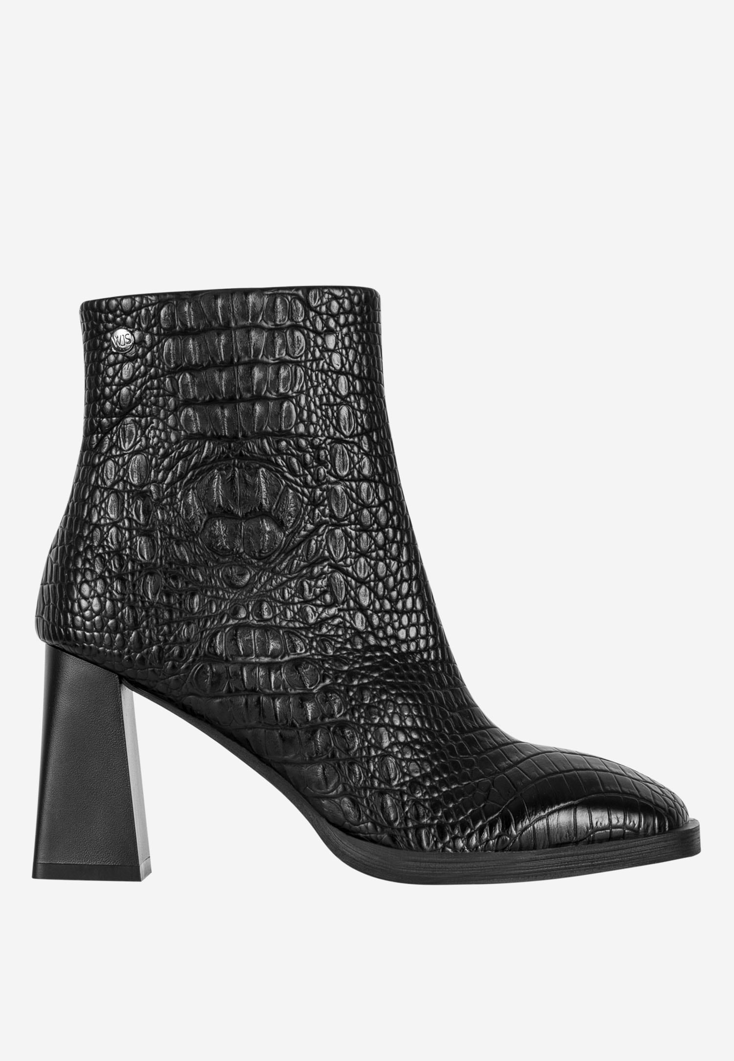 WJS czarne krokodylowe botki damskie na obcasie