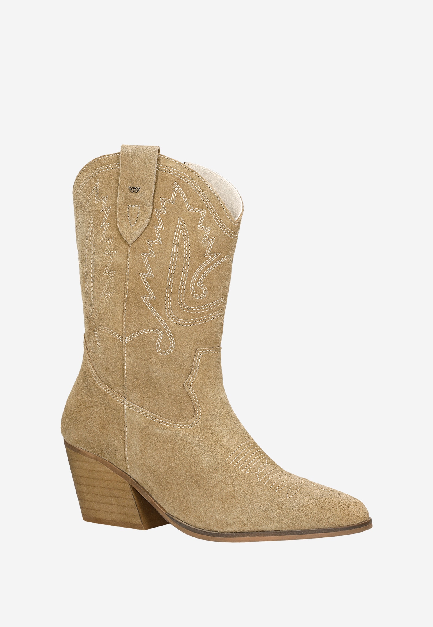 Beżowe botki typu kowbojki z ozdobnymi przeszyciami na cholewce