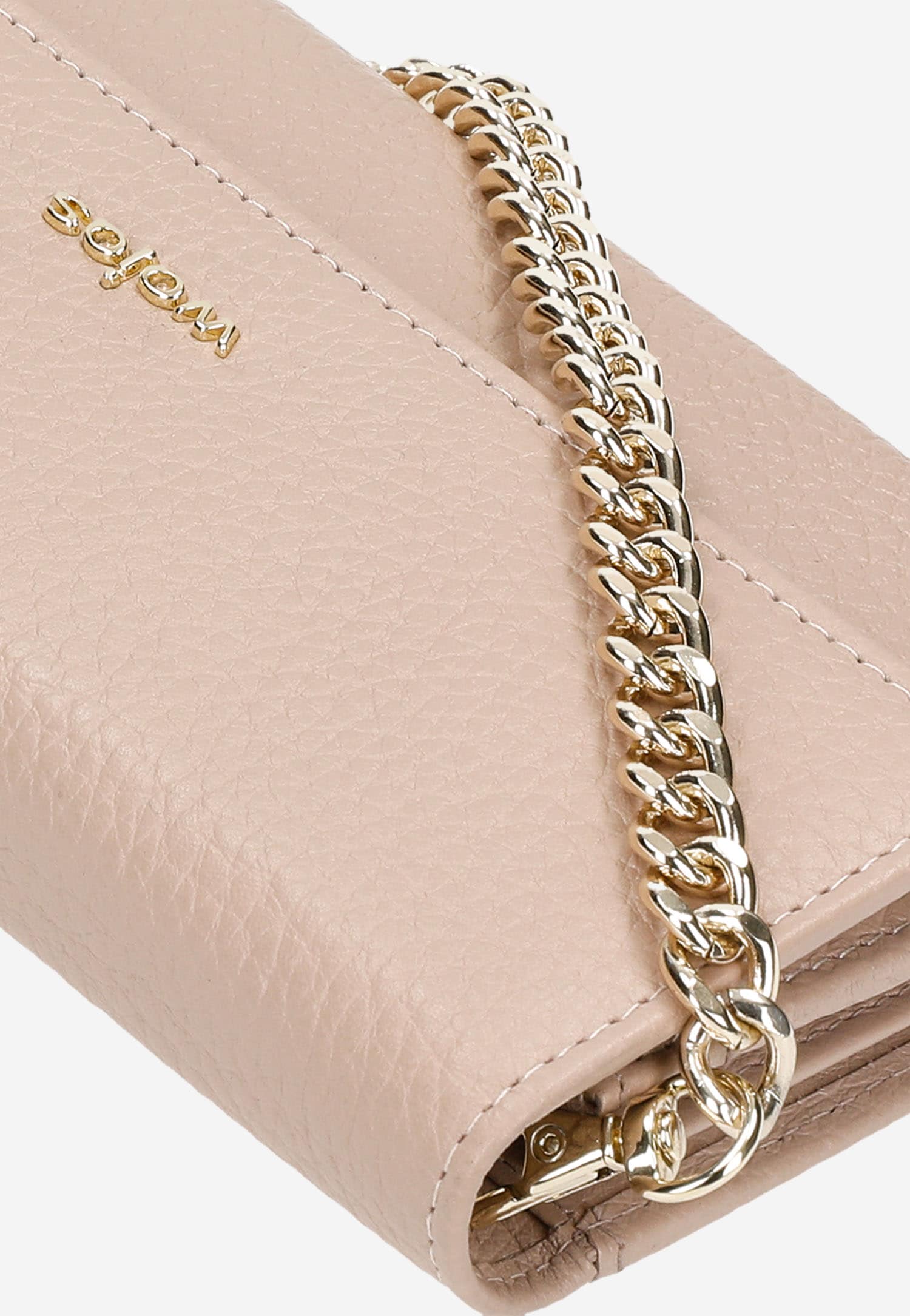 Jasnoróżowy duży portfel damski z doczepianym łańcuszkiem