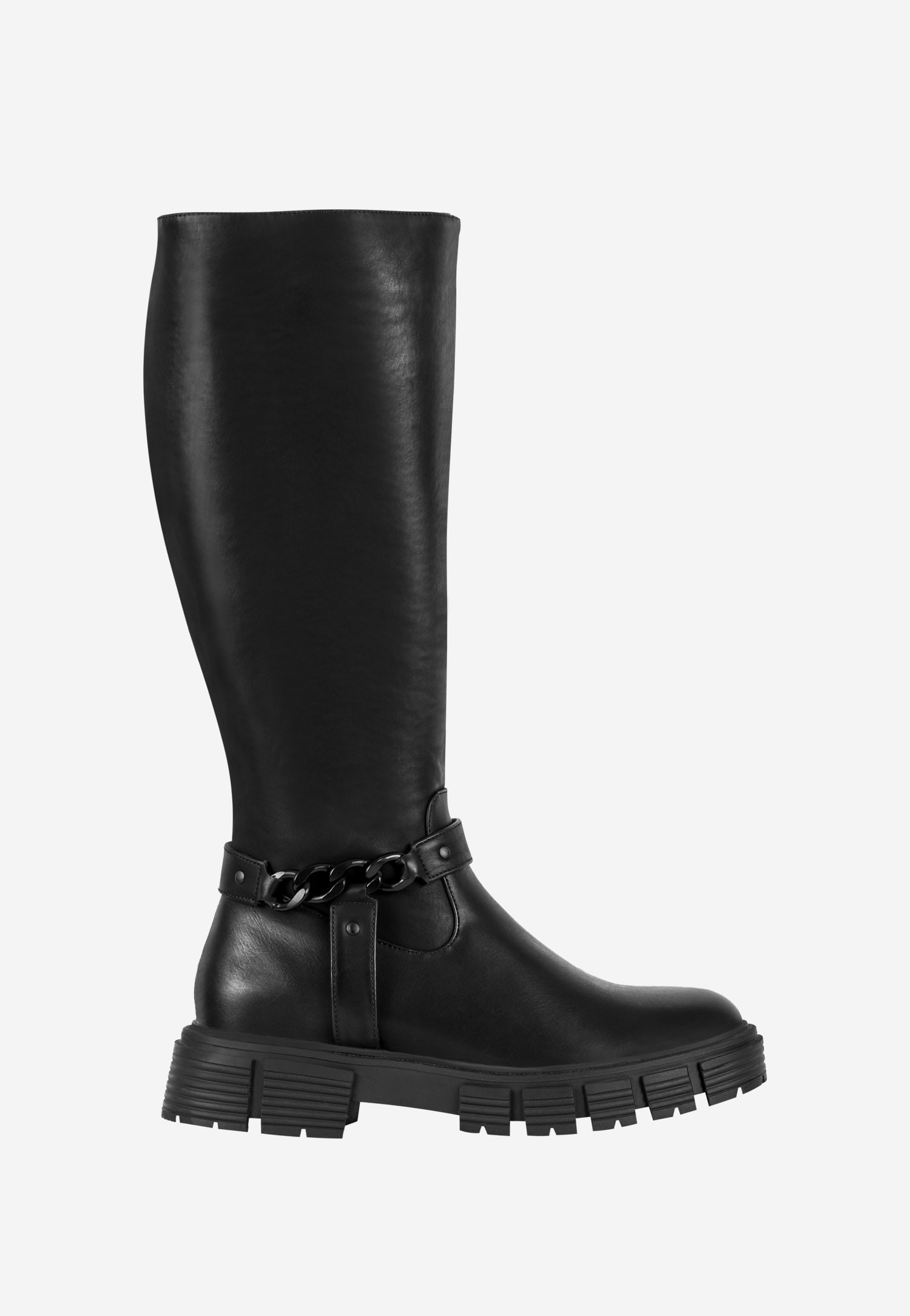 WJS czarne płaskie kozaki damskie z łańcuchem