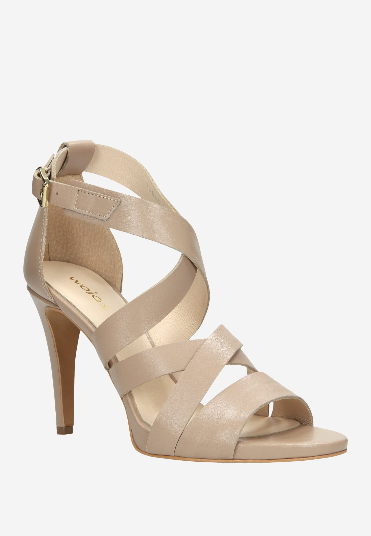 Oryginalne beżowe sandały na szpilce ze srebrnymi przetarciami