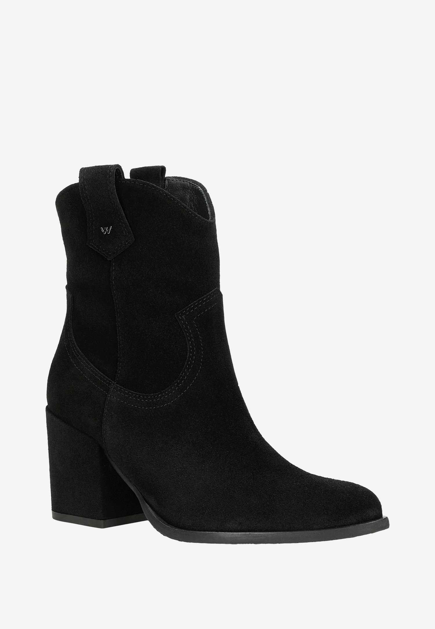 Czarne kowbojki damskie z dwoiny welurowej na obcasie