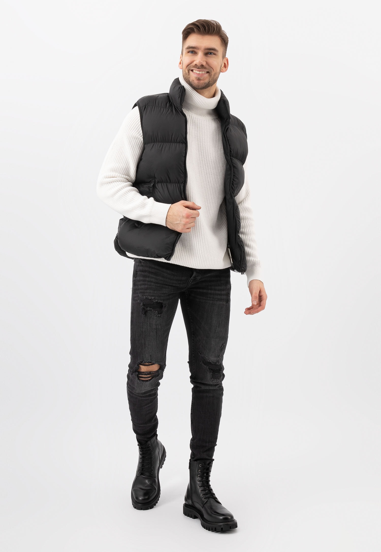 Czarne jesienne bikery męskie ze skóry licowej