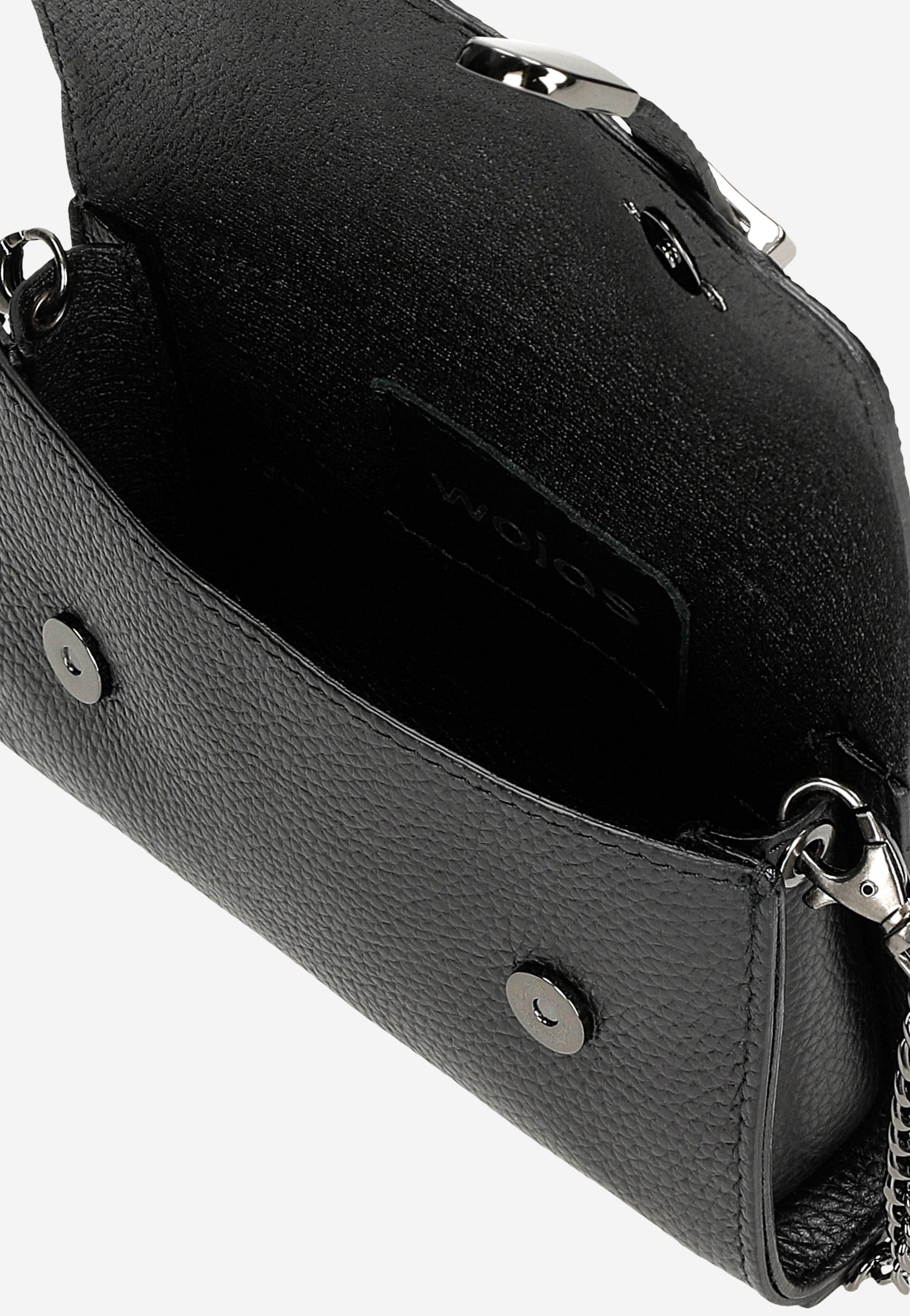 Mała czarna torebka damska ze skóry licowej z metalowymi elementami