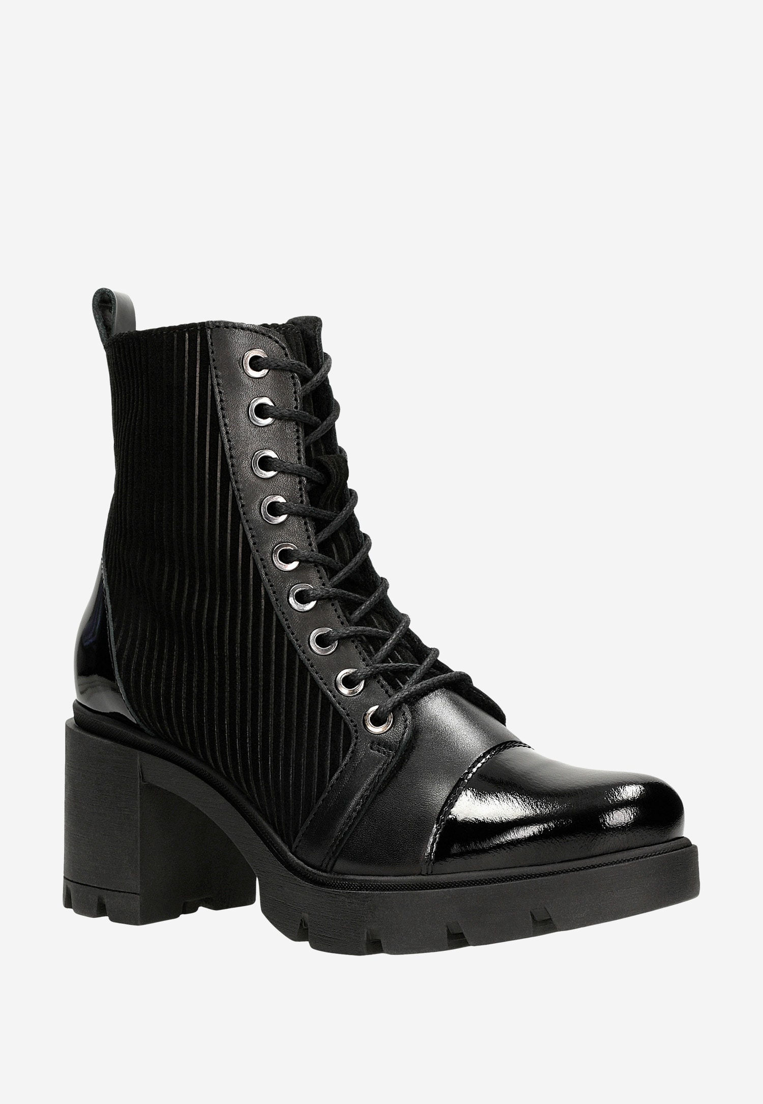 Czarne trzewiki damskie na obcasie ocieplane dzianiną futerkową