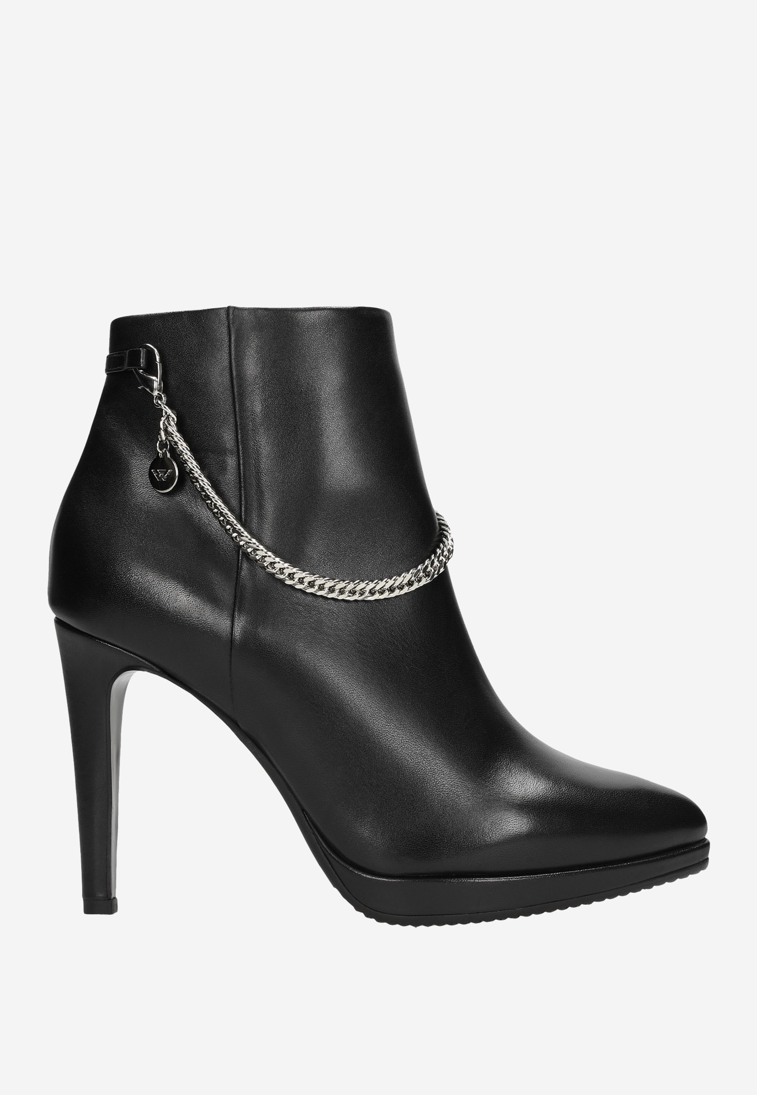 Czarne botki damskie na szpilce z ozdobnym łańcuszkiem