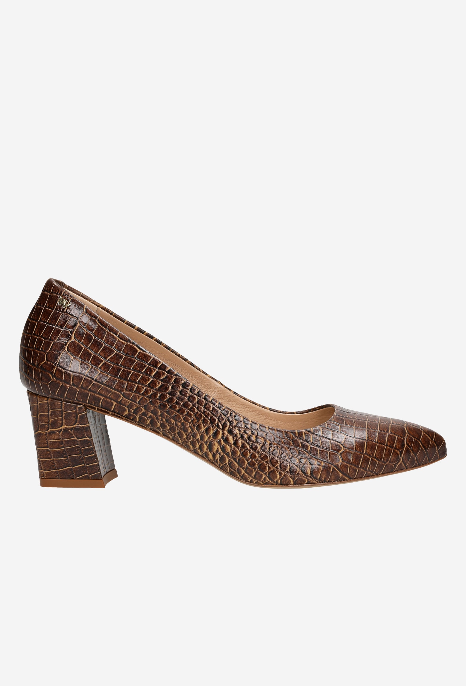 Beżowe lakierowane czółenka damskie na obcasie