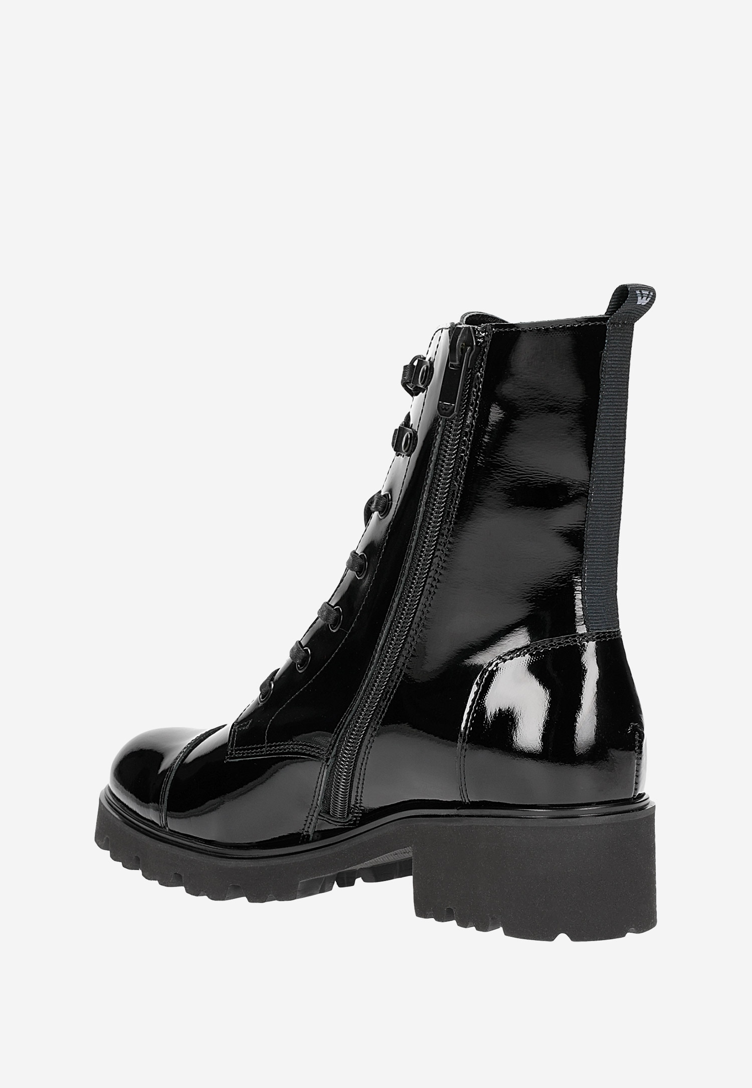 Czarne lakierowane trzewiki damskie typu biker boots