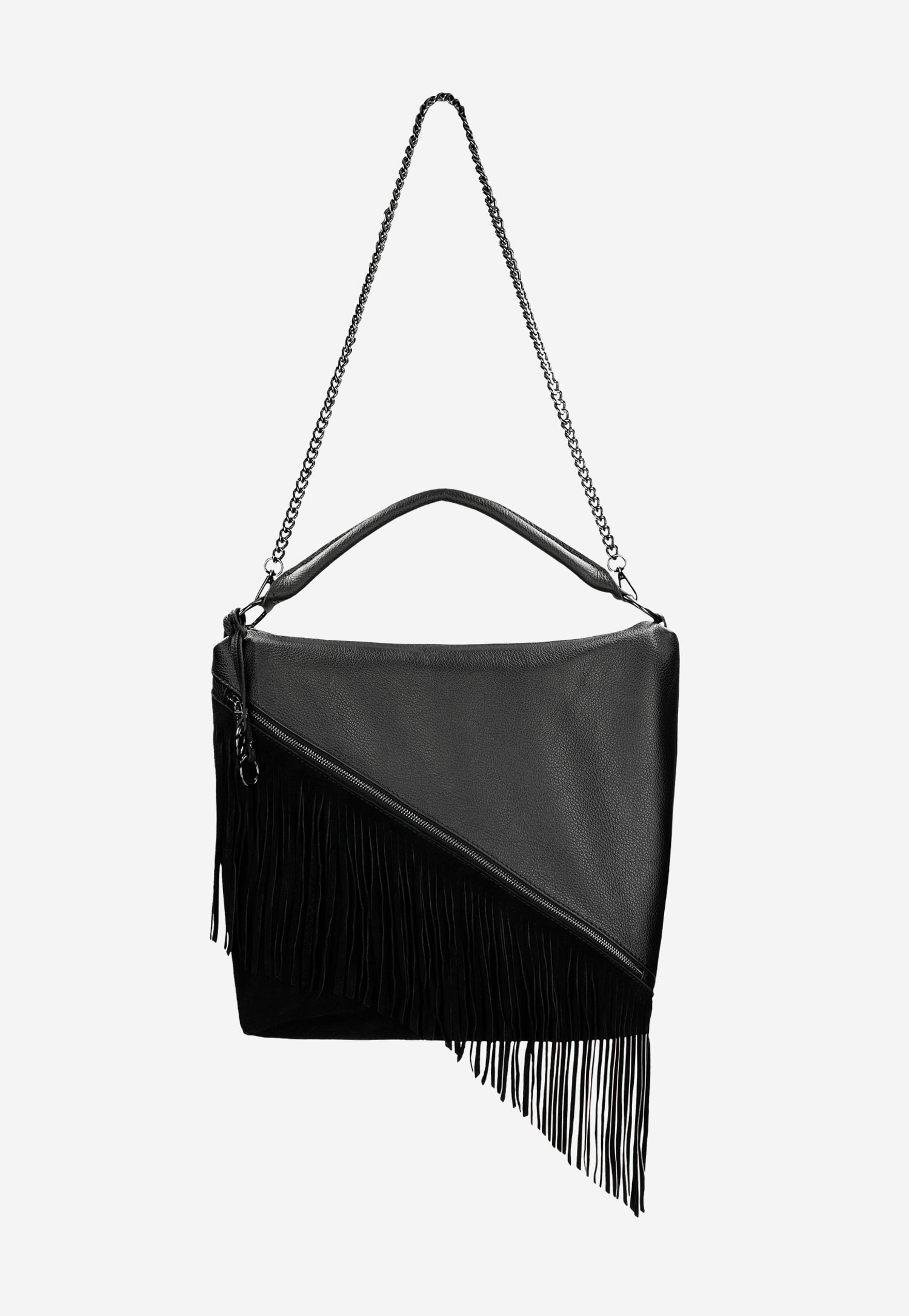 Czarna duża torba damska z łańcuchem i frędzlami