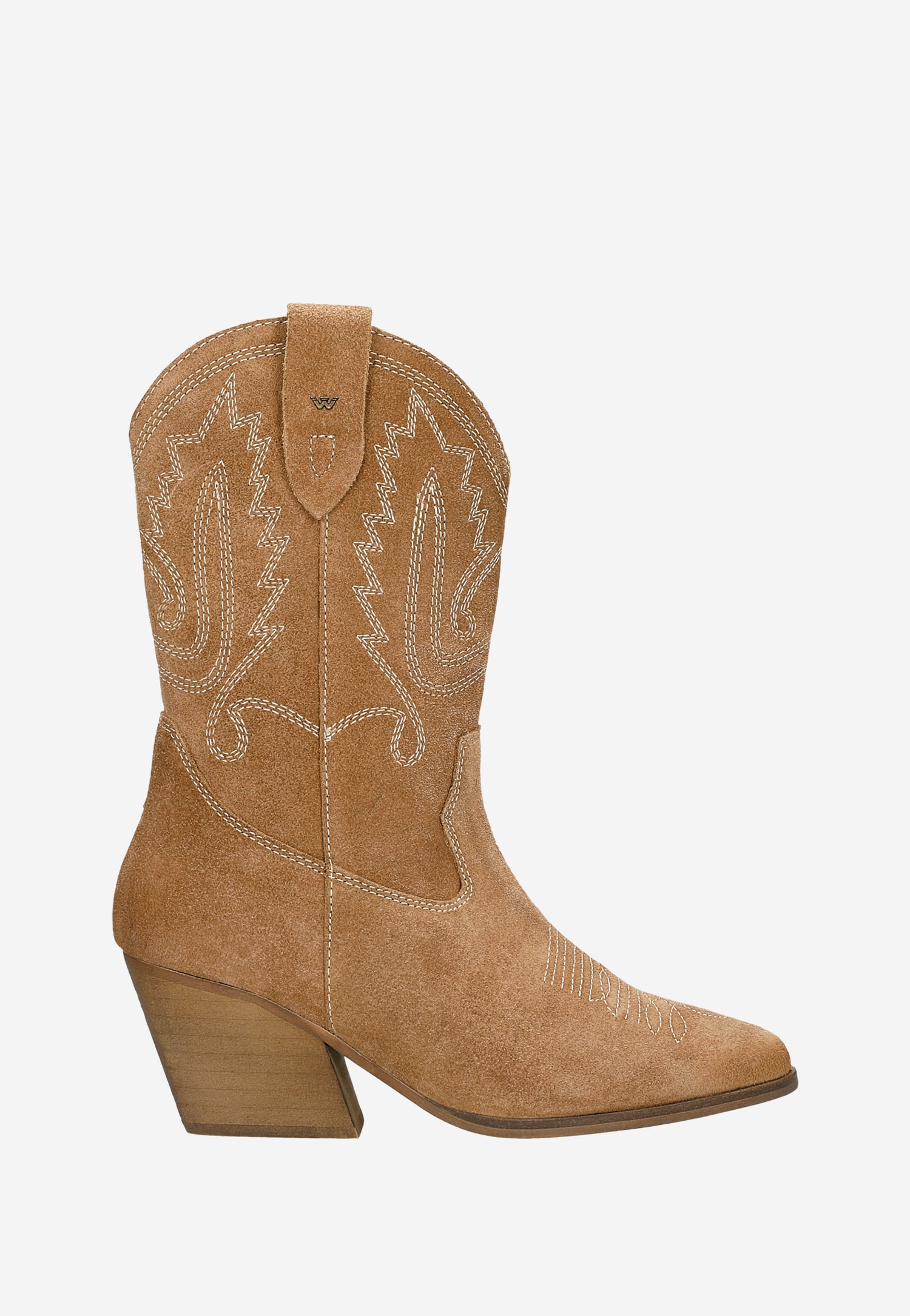 Beżowe botki typu kowbojki z ozdobnymi przeszyciami na cholewce