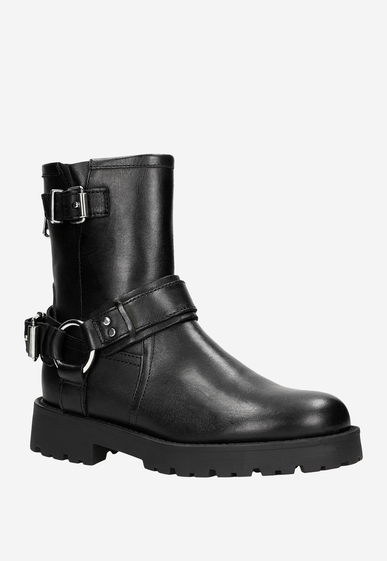 Czarne skórzane bikery damskie z klamrami