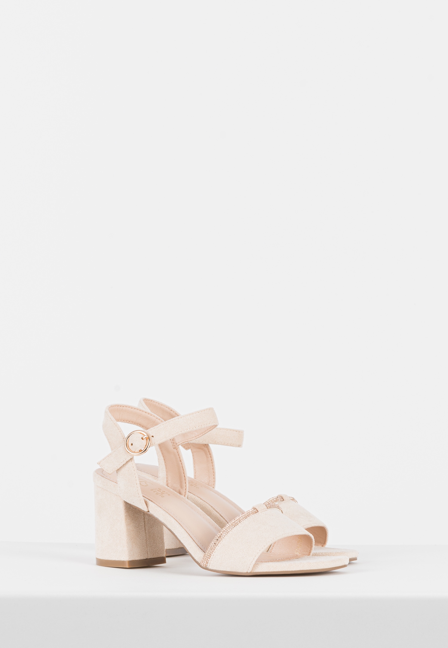 WJS beżowe sandały damskie na obcasie z kryształkową ozdobą