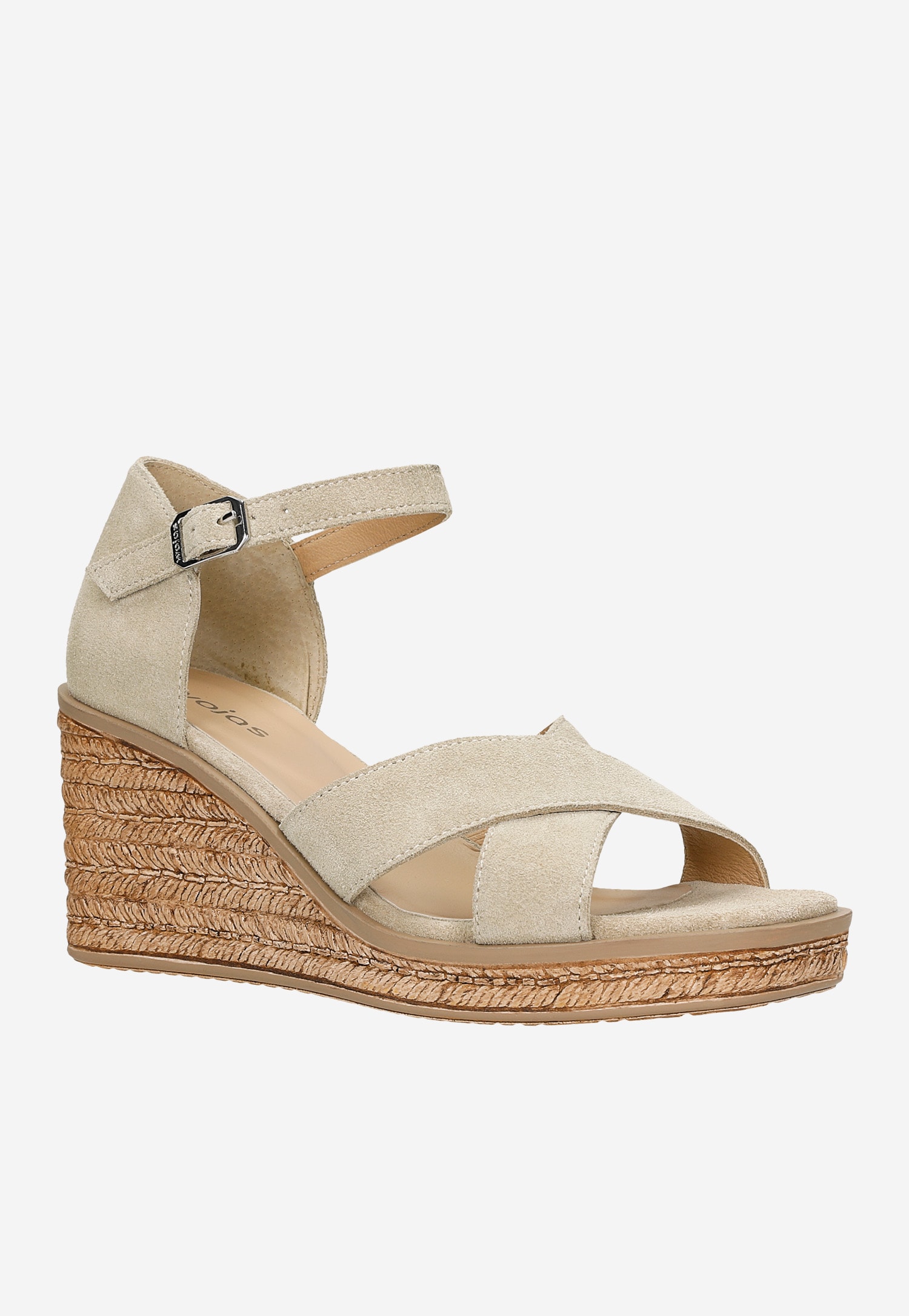 Beżowe sandały z dwoiny welurowej na koturnie