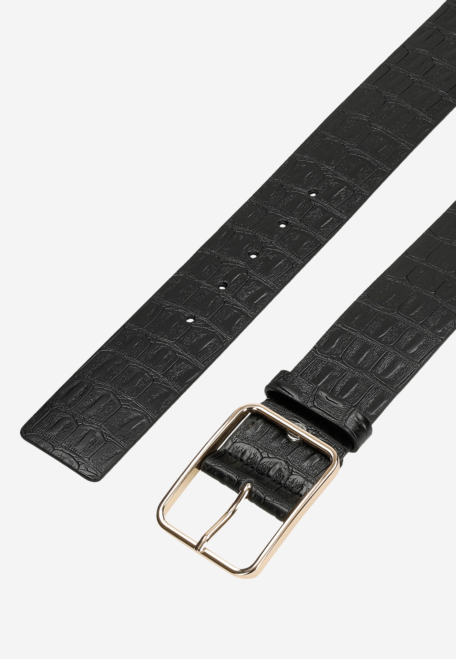 Czarny pasek z tłoczonej skóry licowej z otwartą klamrą