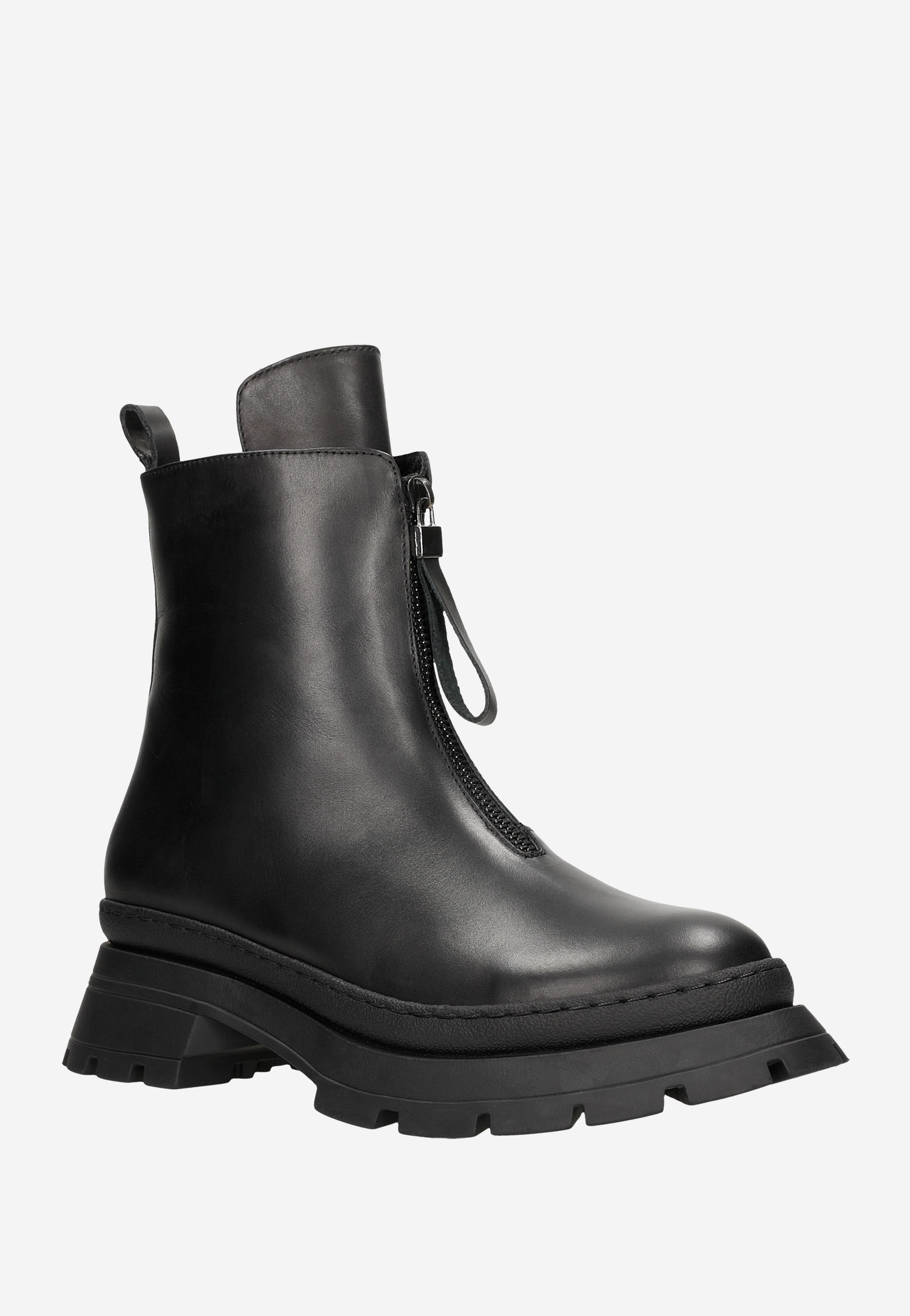 Czarne skórzane botki damskie z zamkiem z przodu