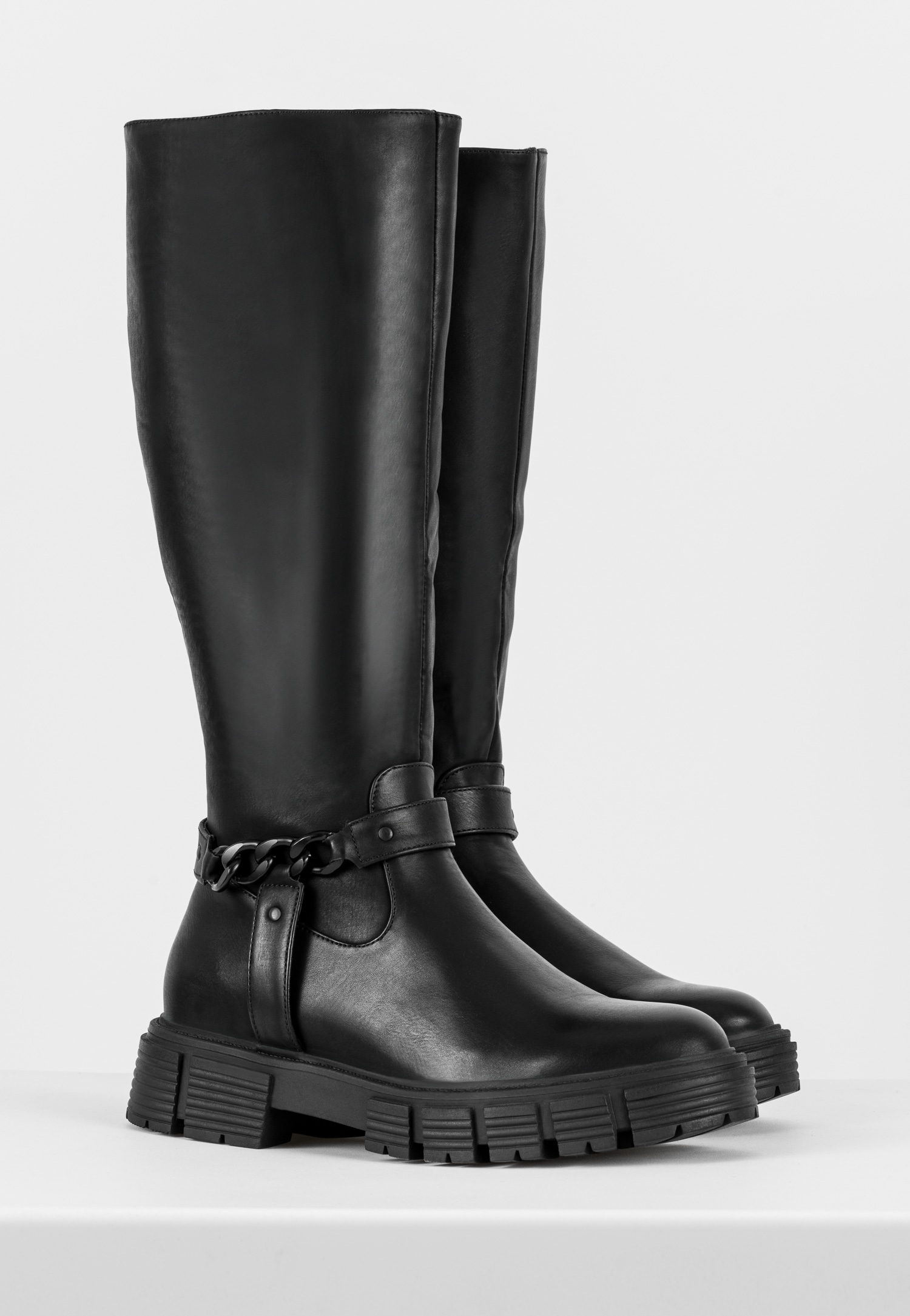 WJS czarne płaskie kozaki damskie z łańcuchem