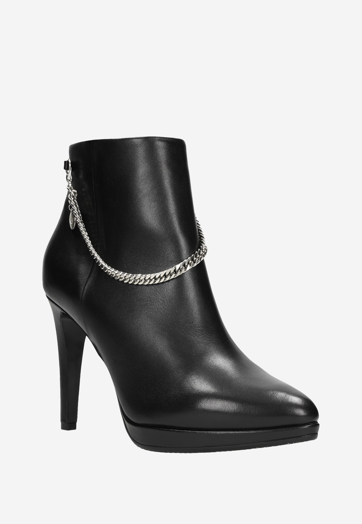 Czarne botki damskie na szpilce z ozdobnym łańcuszkiem