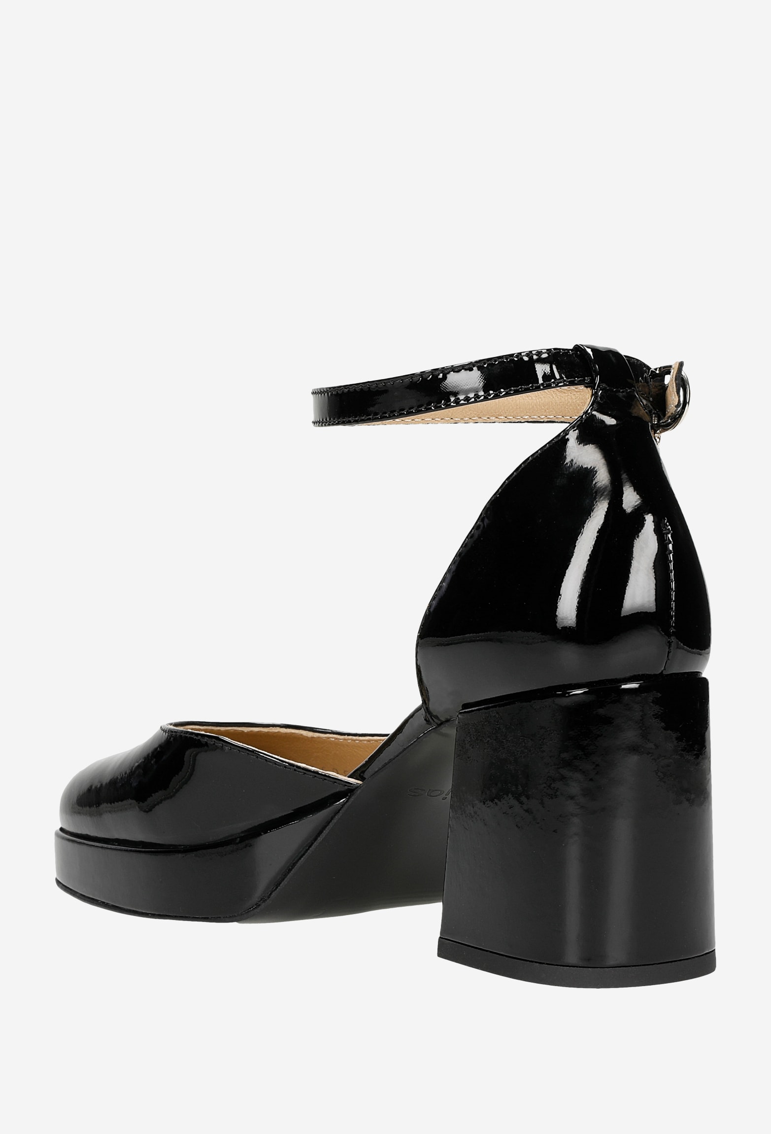 Lakierowane beżowe czółenka damskie na szerokim obcasie