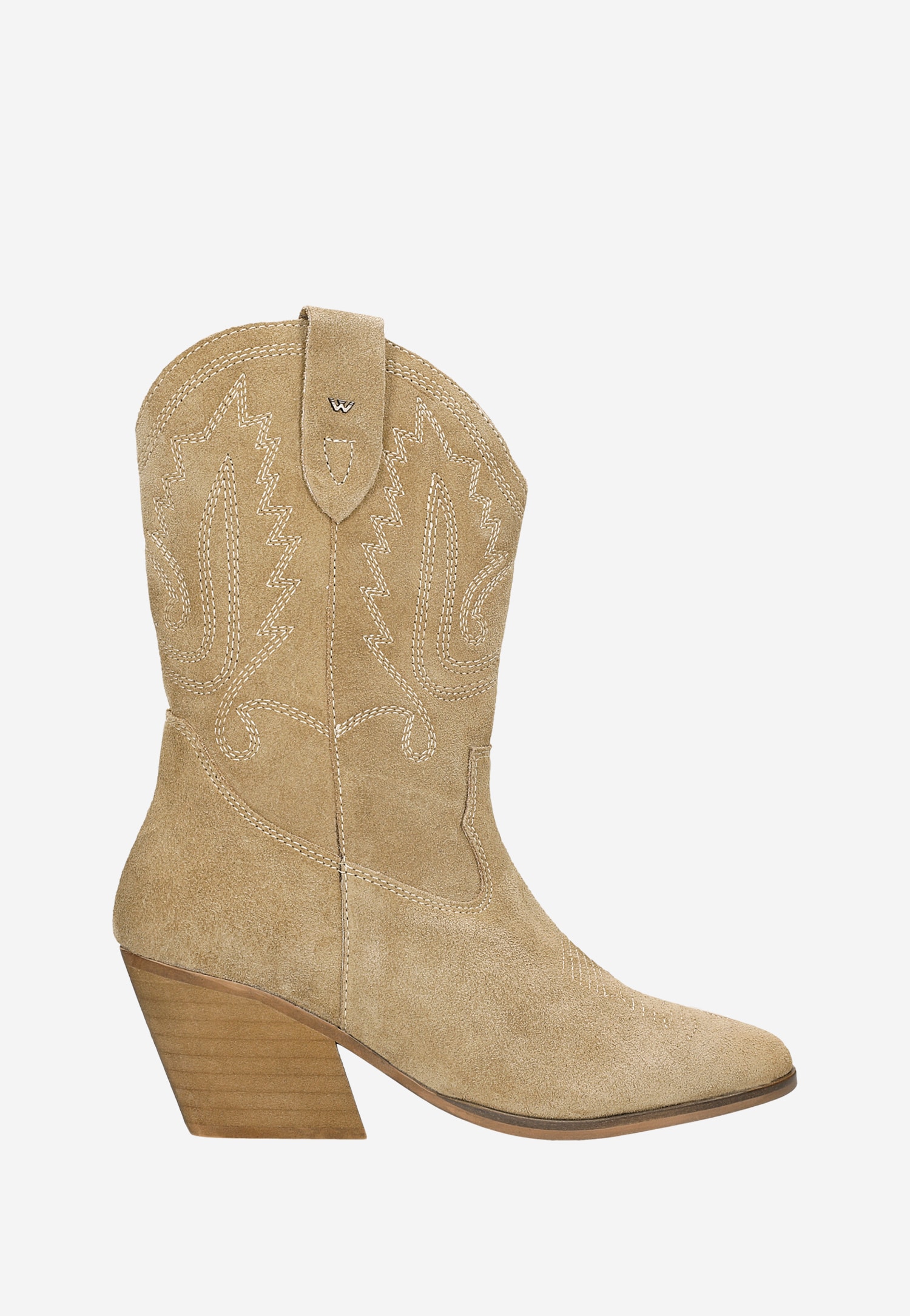 Beżowe botki typu kowbojki z ozdobnymi przeszyciami na cholewce