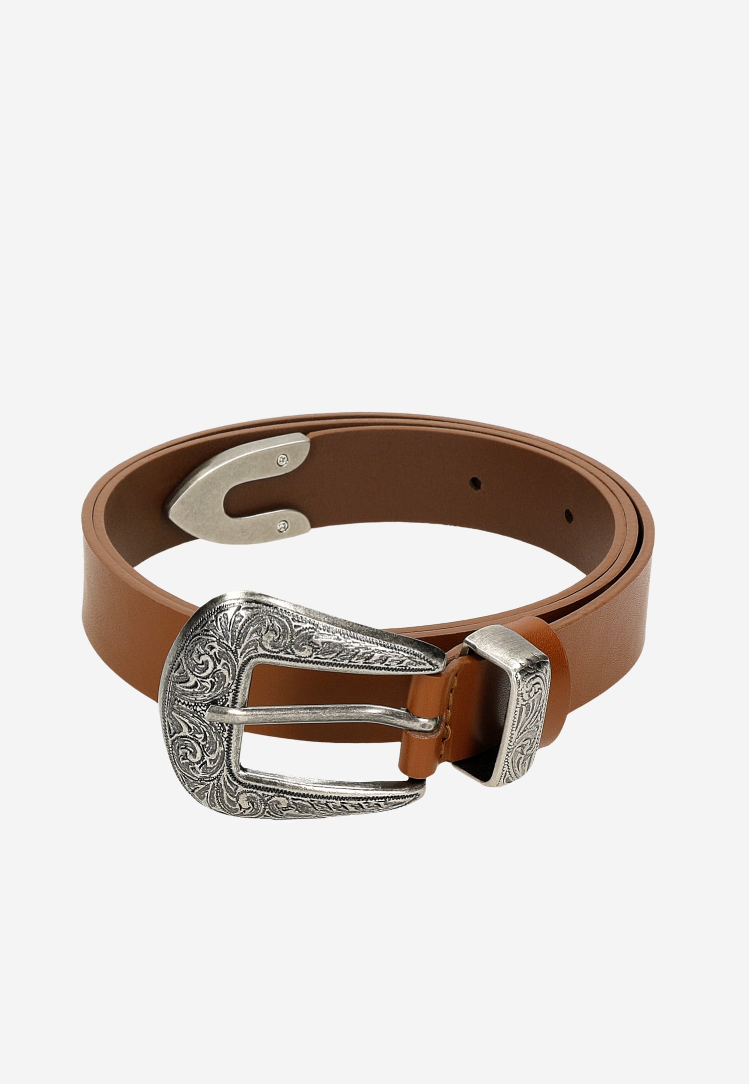 Brązowy pasek z ozdobnym tłoczeniem na klamrze